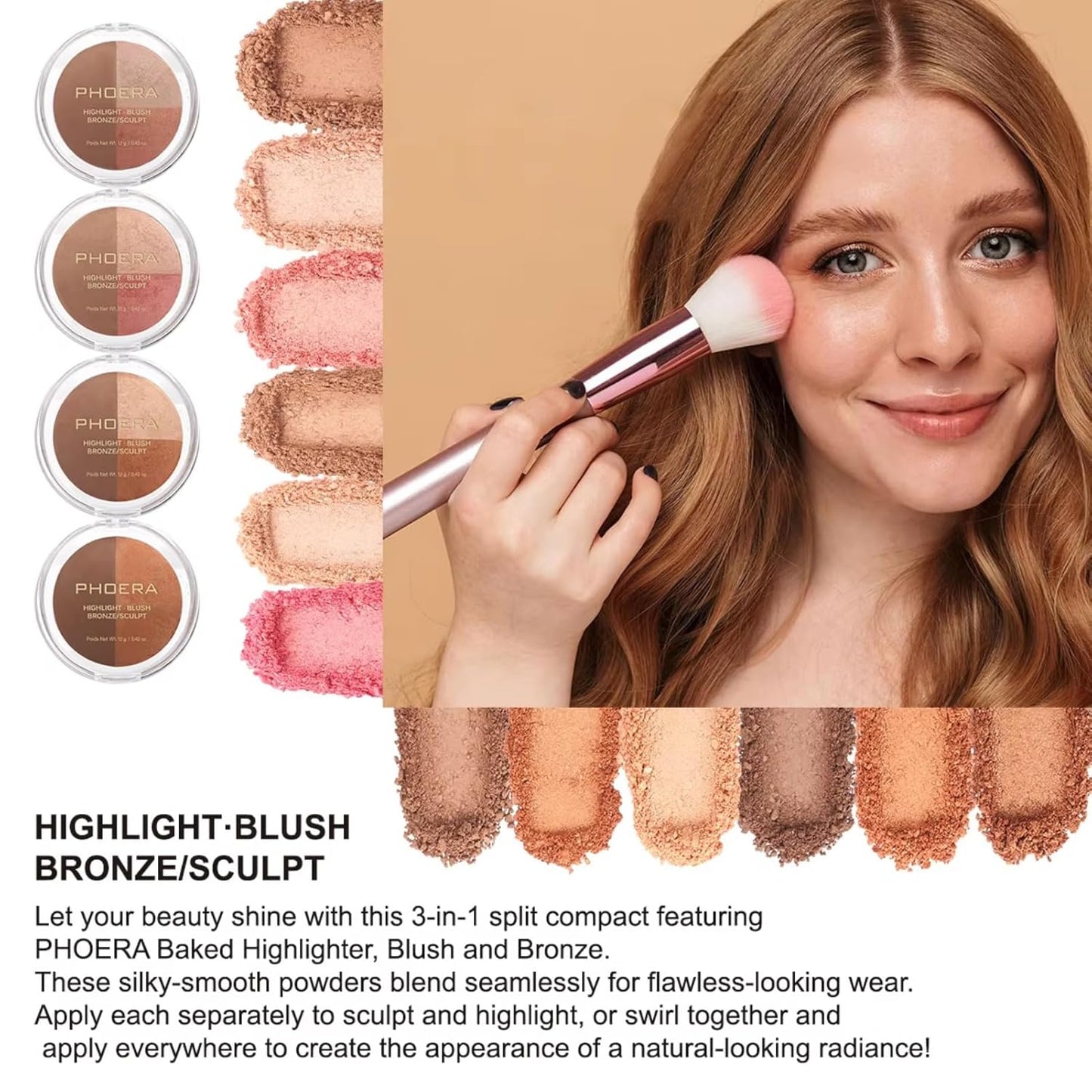 Baked Blush Highlight Bronze Powder 3-in-1 Contour Palette Sculpt Satin Silky Smooth Makeup Palettes Powder (003-Medium)