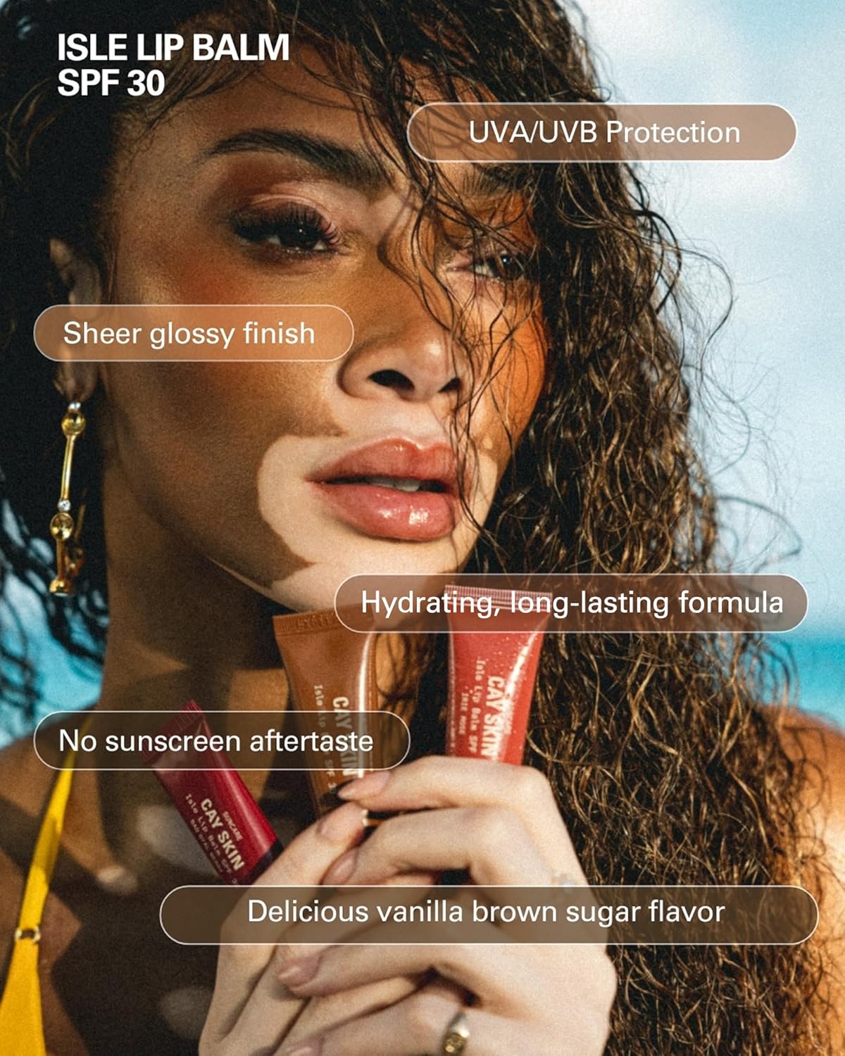 Cay Skin Isle Lip Balm SPF 30 – High Shine, Hydrating + Sheer Lip Gloss in Vanilla Brown Sugar Flavor – Formulated with Natural Ingredients for All Skin Tones – 3-Pack, Rose, Berry, Clear, 1.05 oz