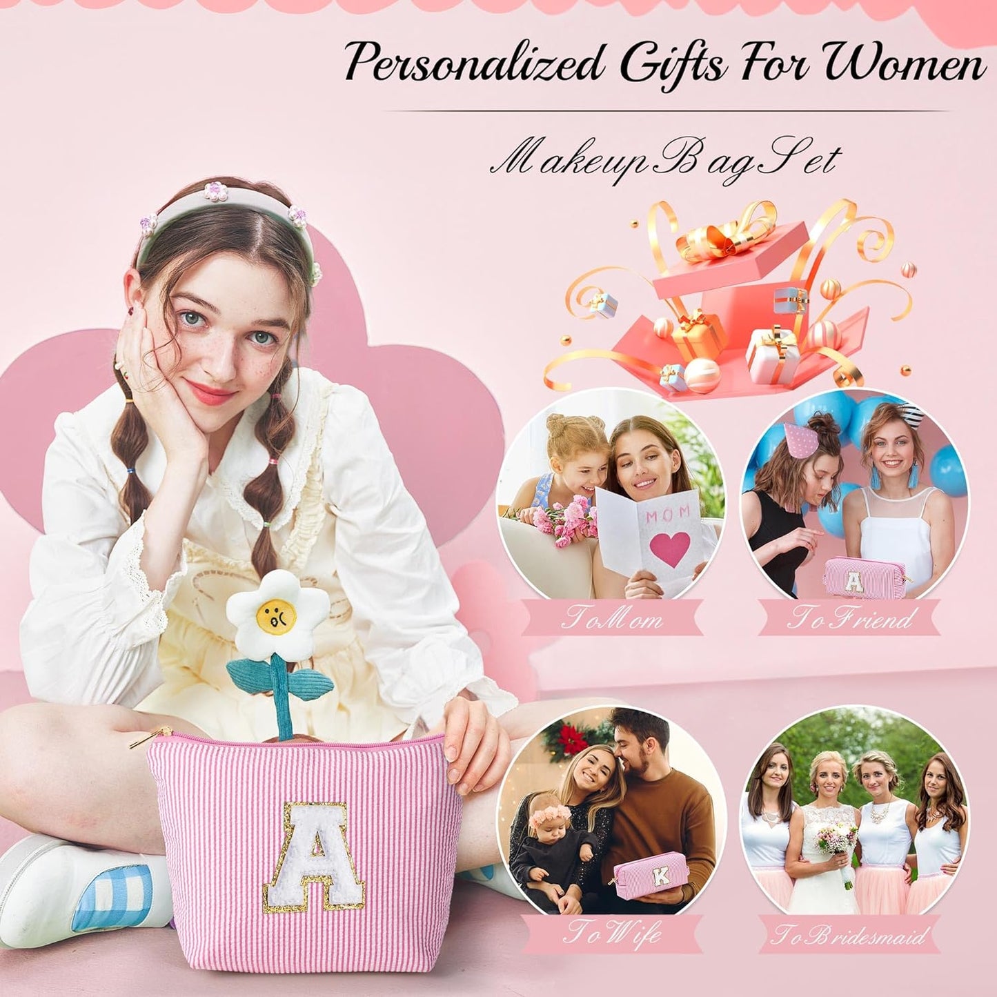 YOOLIFE Personalized Initial Makeup Bag for Women | Pink Cosmetic Travel Toiletry Bag | 11 12 13 14 15 16 Years Old Girl Gifts | Preppy Stuff Teen Girl Gift Trendy Stuff A