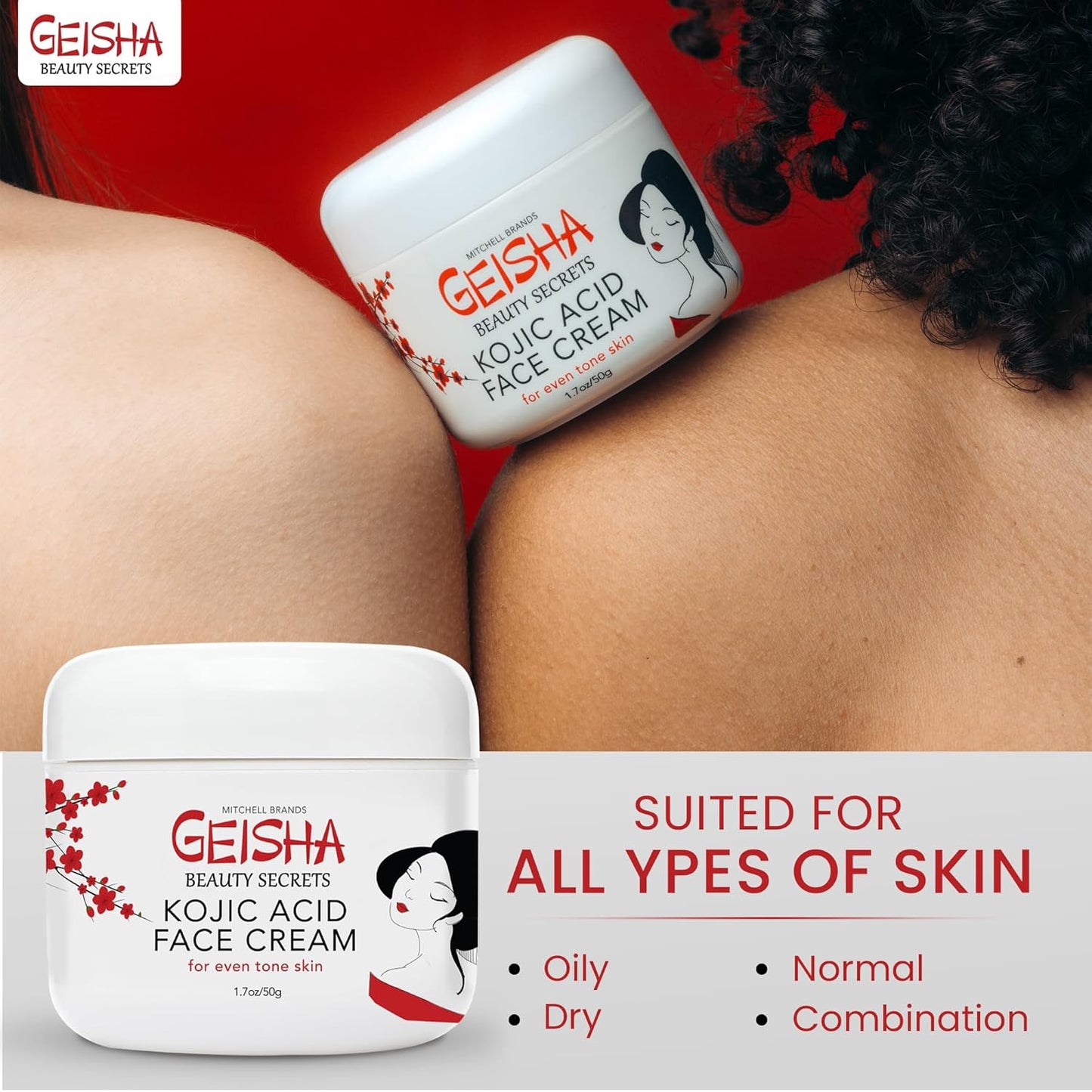 Geisha Kojic Acid Cream - 1.7 fl oz / 50 ml - Skin Brightening Cream for Face, Body, Hands - with Glycolic Acid