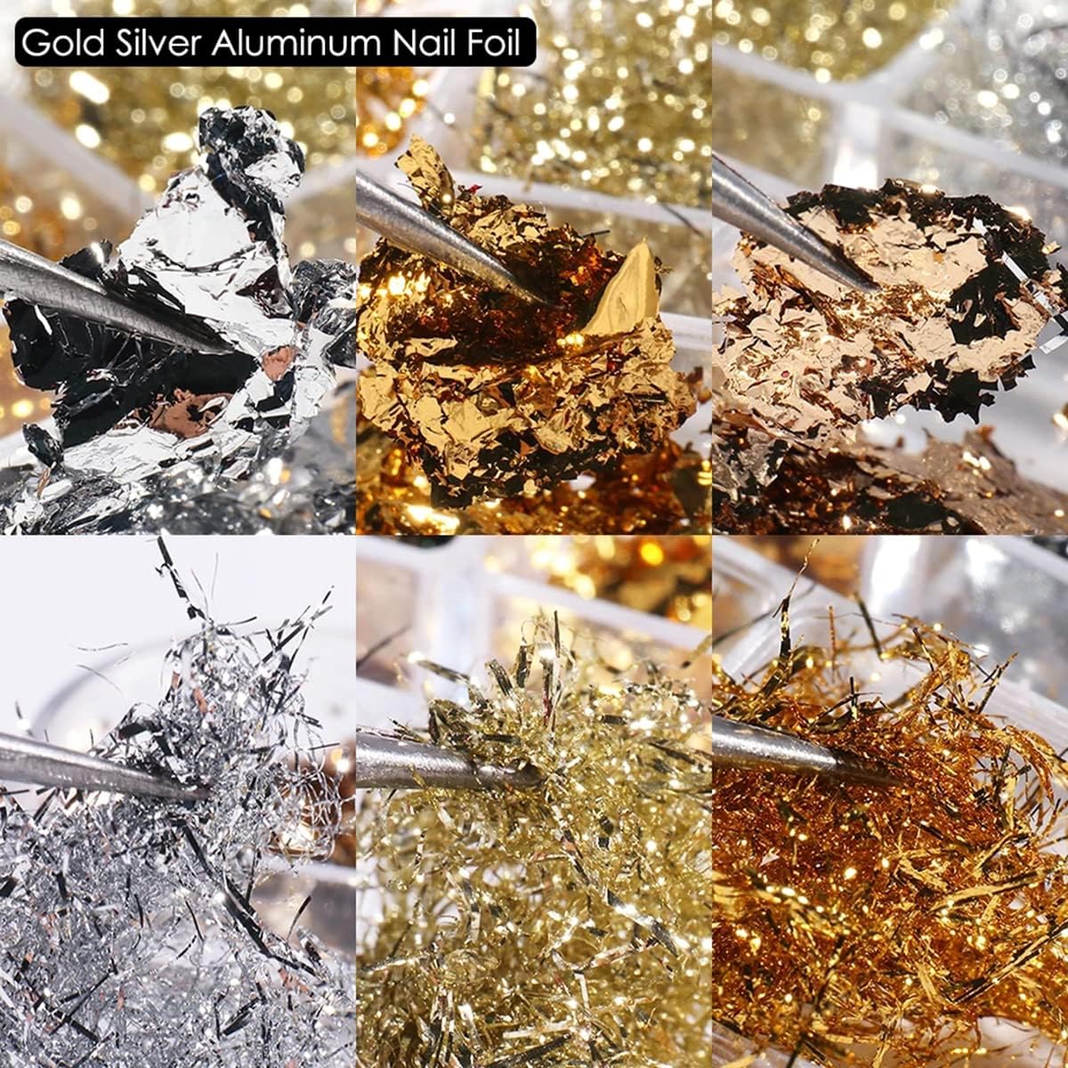 Holographic Nail Foil Flakes 3D Sparkly Aluminum Foil Glitter Sequins Nail Art Supplies Gold Silver Nail Art Foil Glitter Paillettes Line Strip Nail Glitter Flakes for Acrylic Nails Design (6 Grids)