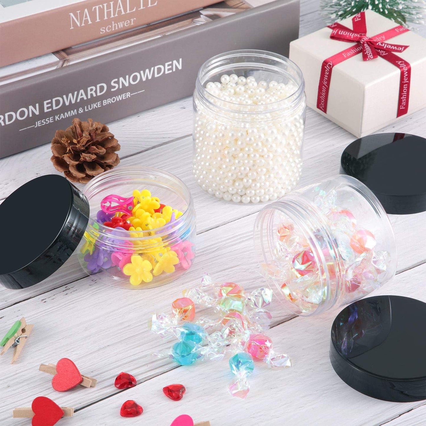 SATINIOR 24 Pieces Empty Clear Plastic Jars with Lids Round Storage Containers Wide-Mouth for Beauty Product Cosmetic Cream Lotion Liquid Butter Craft and Food (Black Lid, 6 oz)