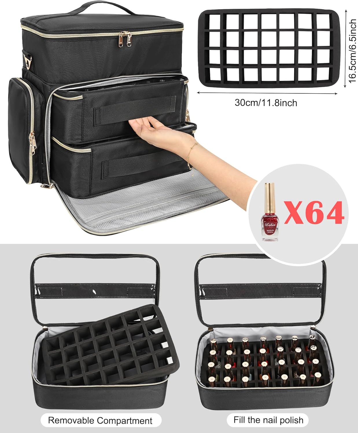 Nail Polish Organizer Case, Large Nail Polish Holder Hold 64 Bottles (15ml/0.5 fl.oz), Large Capacity for Nail Polish, Nail Lamp, Nail Art Accessories, 3 in 1 Storage Bags