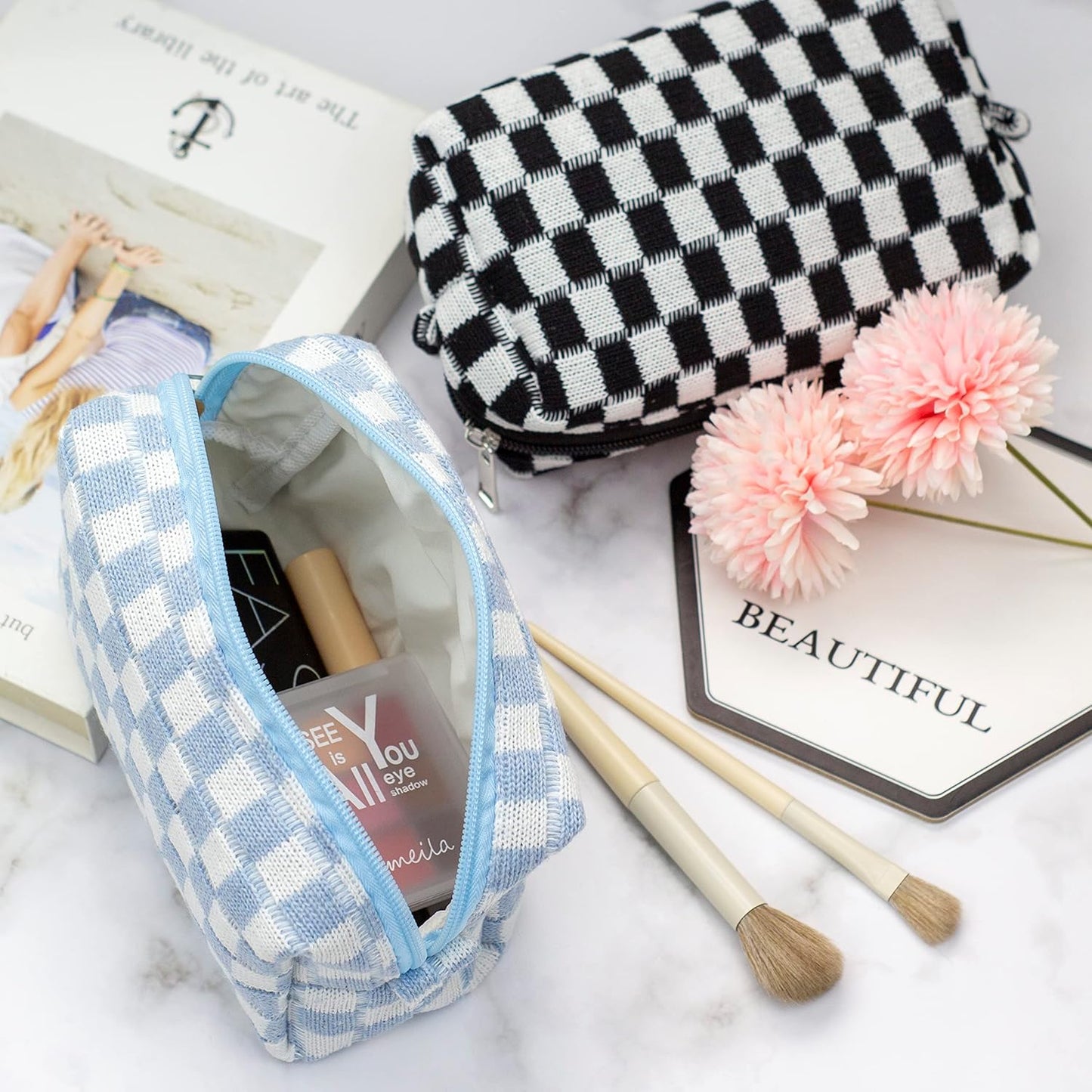 PAZIMIIK Checkered Makeup Bag for Purse Portable Zipper Make Up Pouch Small Cosmetic Case for Travel Accessories (6PCS Black)