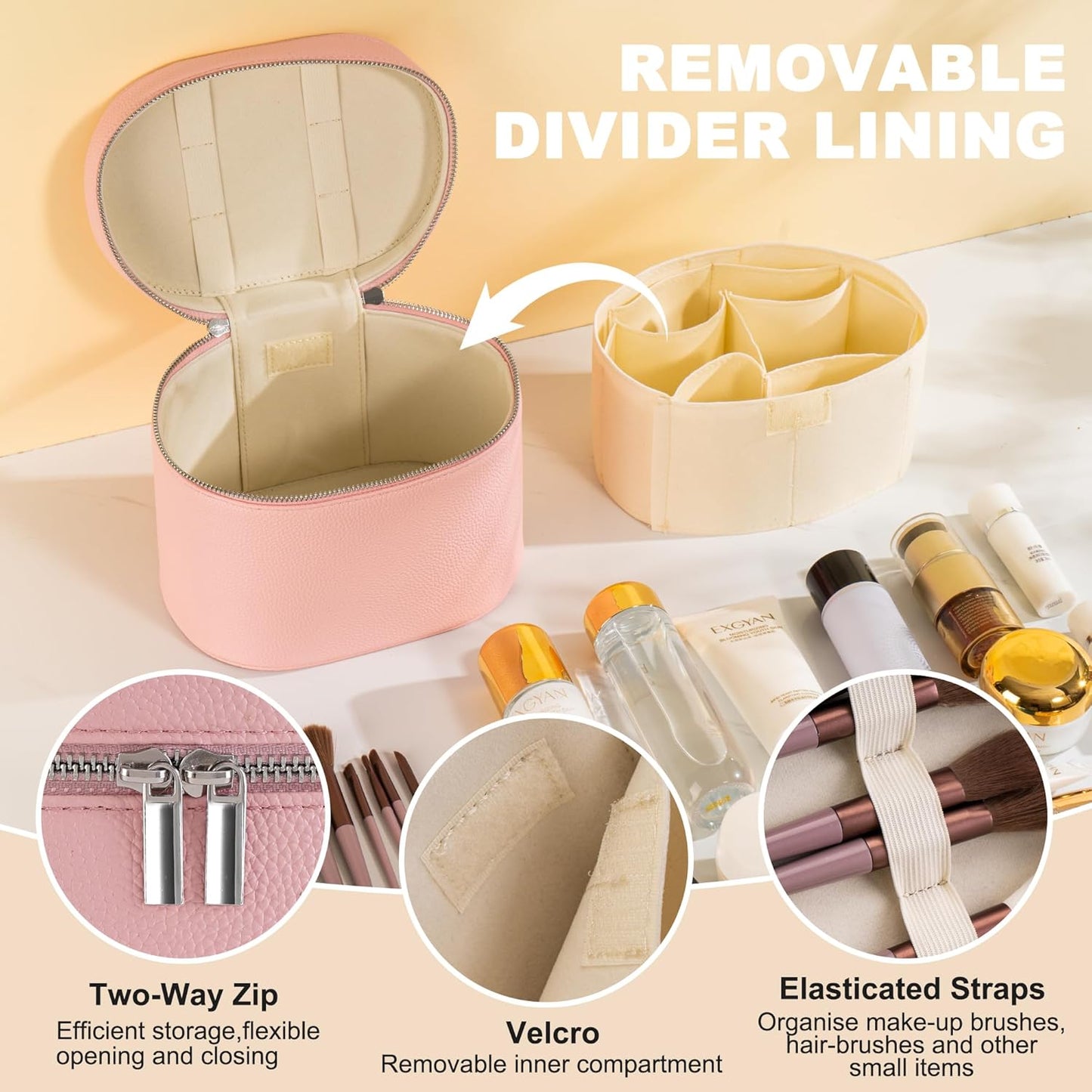 Makeup Bag Vanity Case Cosmetic Bag with Removable Divider Travel Toiletry Bag for Women Portable Make up Box Organizer, Pink