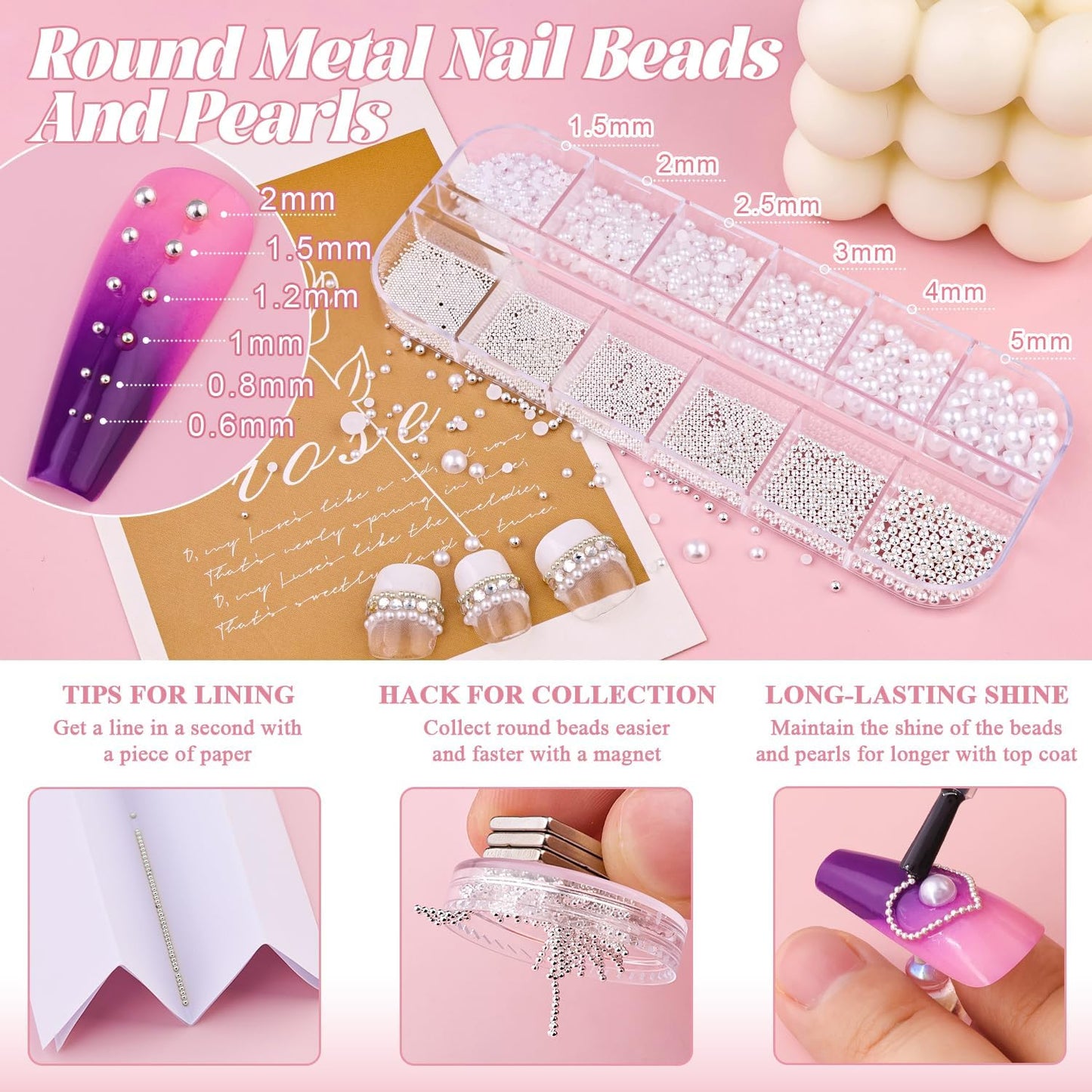 Flatback Pearls (White) and Metal Nail Beads and Glass Rhinestones with Rhinestones Glue Gel for Nail Art, Pearl Nail Charms and Round Caviar Beads Multi Shapes Crystals Gems for Manicure Decor