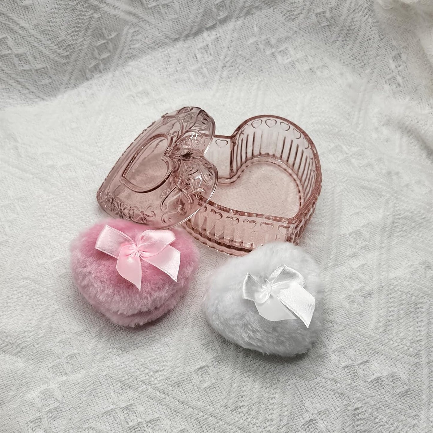 Body Powder Puff and Container - Glass Heart Dusting Powder Container with 2 Soft Puffs Vintage Powder Puff Case for Women & Girls-GRB007-Pink