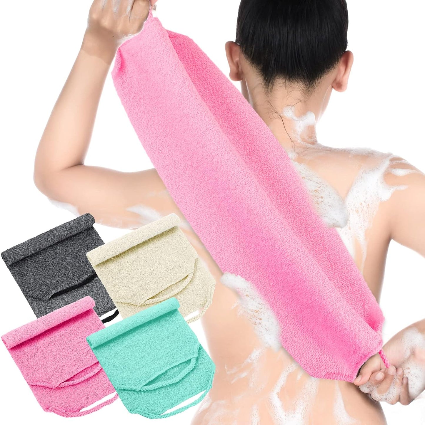 Moukeren Exfoliating Back Scrubber with Handles 4 Pack Nylon Back Exfoliator Extended Length Washers Scrubbers Stretchable Pull Strap Exfoliating Washcloth(Dark Blue, Gray, Beige, Pink)