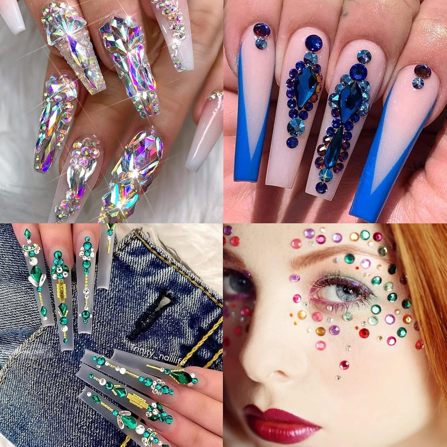3320Pcs Sapphire Nail Art Rhinestones Crystal,3D Rhinestones Gems Jewels Diamond,24 Types of 320 Diamonds + 3000 Round Beads, Crystals 3D Flat Back Gemstones for Nail DIY Crafts with Tweezers Pen