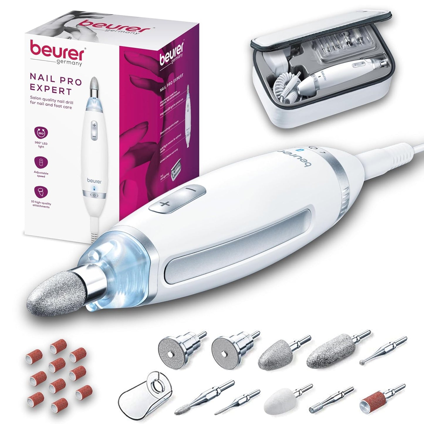 Beurer MP62 Professional Nail Drill Kit, Portable Electric File Machine with 10 Attachments & 10 Sanding Bands, Efile Dremel for Acrylic Gel Manicure and Pedicure, LED Light, with Storage Case