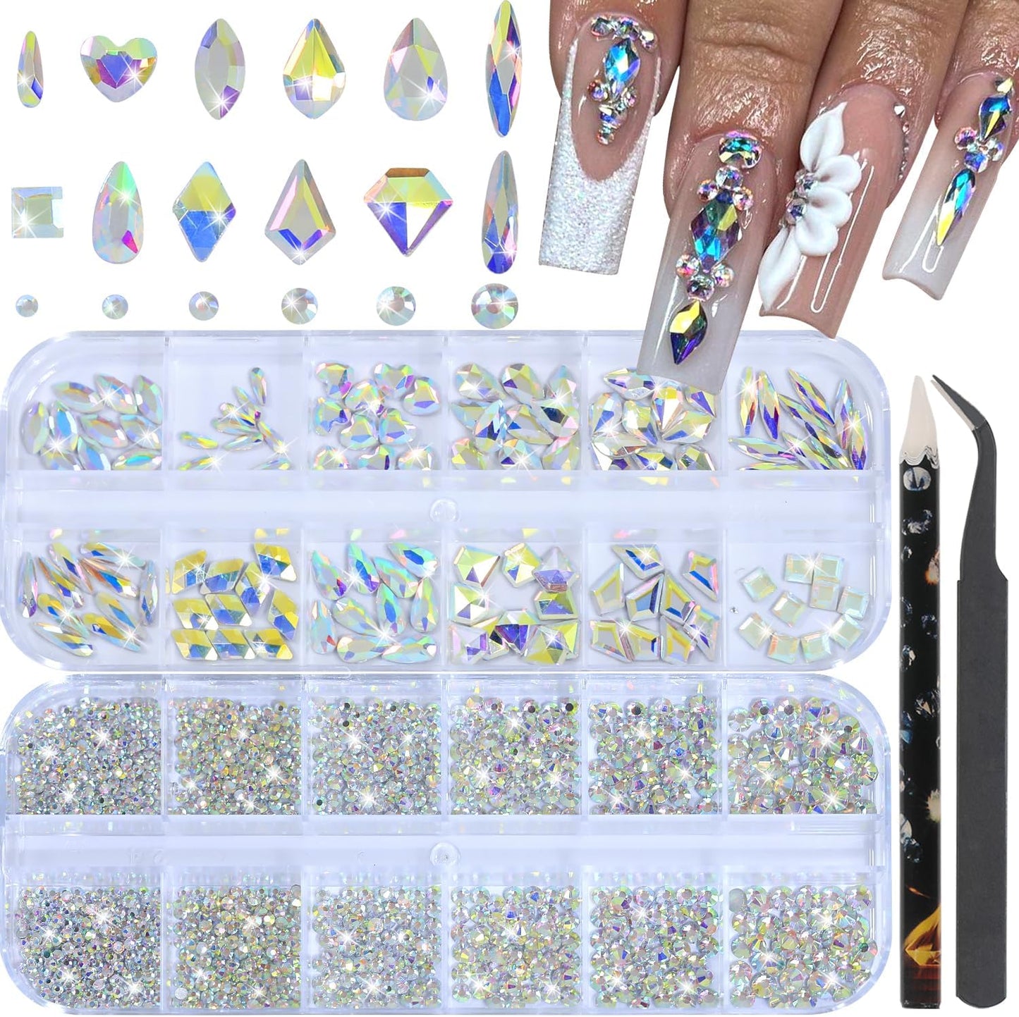 Nail Rhinestones - 3D Multi Shape Size, Flat Back, Manicure Rhinestones Charms, AB Gems, with Kit, for Nail Art, Bedazzling Acrylic Nails, DIY Decor