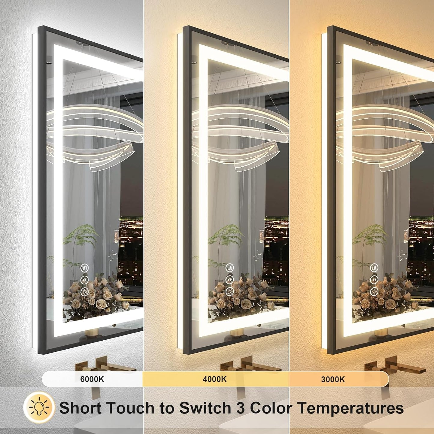 OKPAL LED Bathroom Mirror with Black Frame, 55x30 Lighted Mirrors for Bathroom Wall, Front and Backlit Bathroom Smart Mirror Dimmable, Anti-Fog, Memory, Shatterproof, ETL Listed