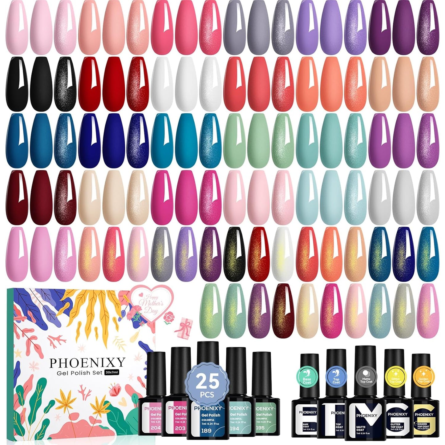 phoenixy Gel Nail Polish 25+5 PCS Gel Nail Polish Kit with Base Coat Glossy Matte Gold Glitter and Silver Glitter Top Coat Pink Red Green Starter Gift for Women