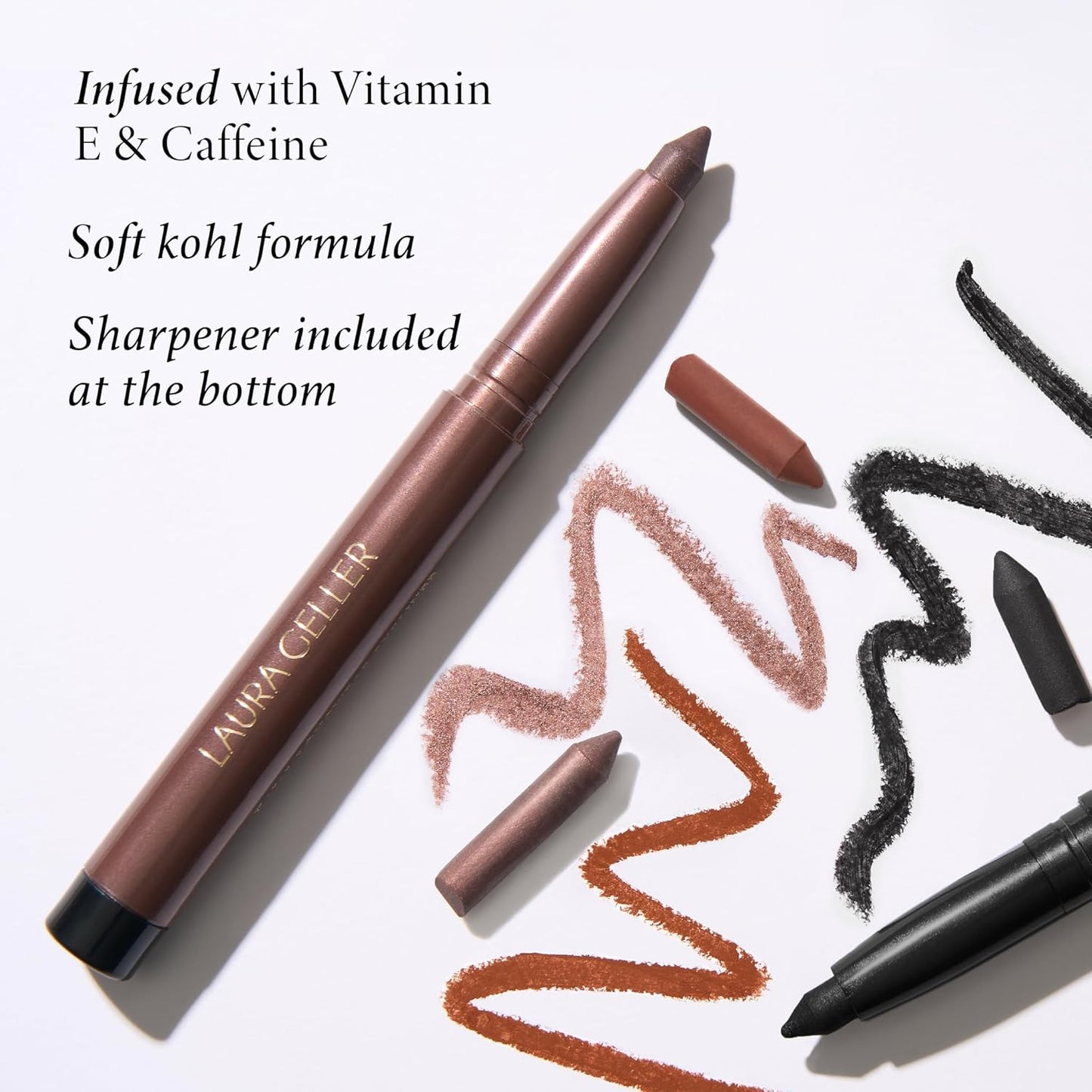 LAURA GELLER NEW YORK Kajal Longwear Kohl Eyeliner Pencil - Deep Charcoal Kohl - Caffeine and Vitamin E - Smooth & Blendable Liner - Built-In Sharpener