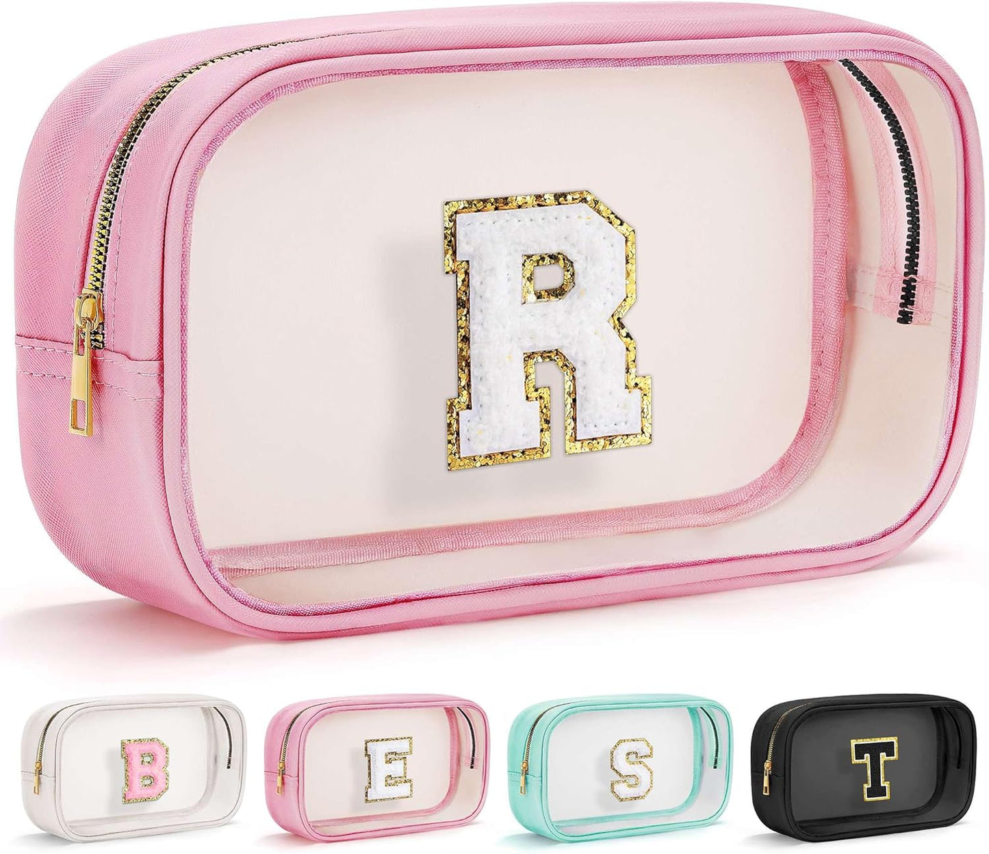 YOOLIFE Initial Travel Makeup Bag Pouch, Clear Toiletry Bag for Women Travel Accessories Cosmetic Bag Skin Care for Teen Make Up Bags Birthday Gifts for Women Unique Teacher Mom Friends Gifts Pink R