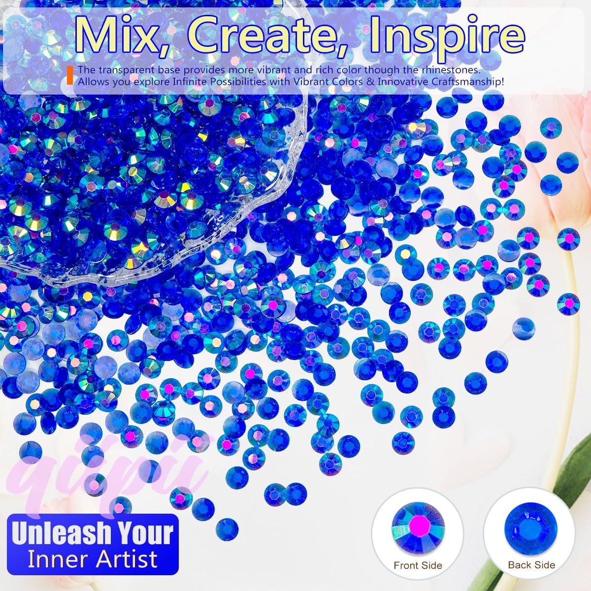 16000PCS Transparent Royal Blue AB Resin Rhinestones for Crafting 3mm 4mm 5mm Flatback Jelly Stones Bulk SS10 SS16 SS20 Diamonds Crystals Gems for Nails Face Eyes Makeup Tumblers Bottles Crafts