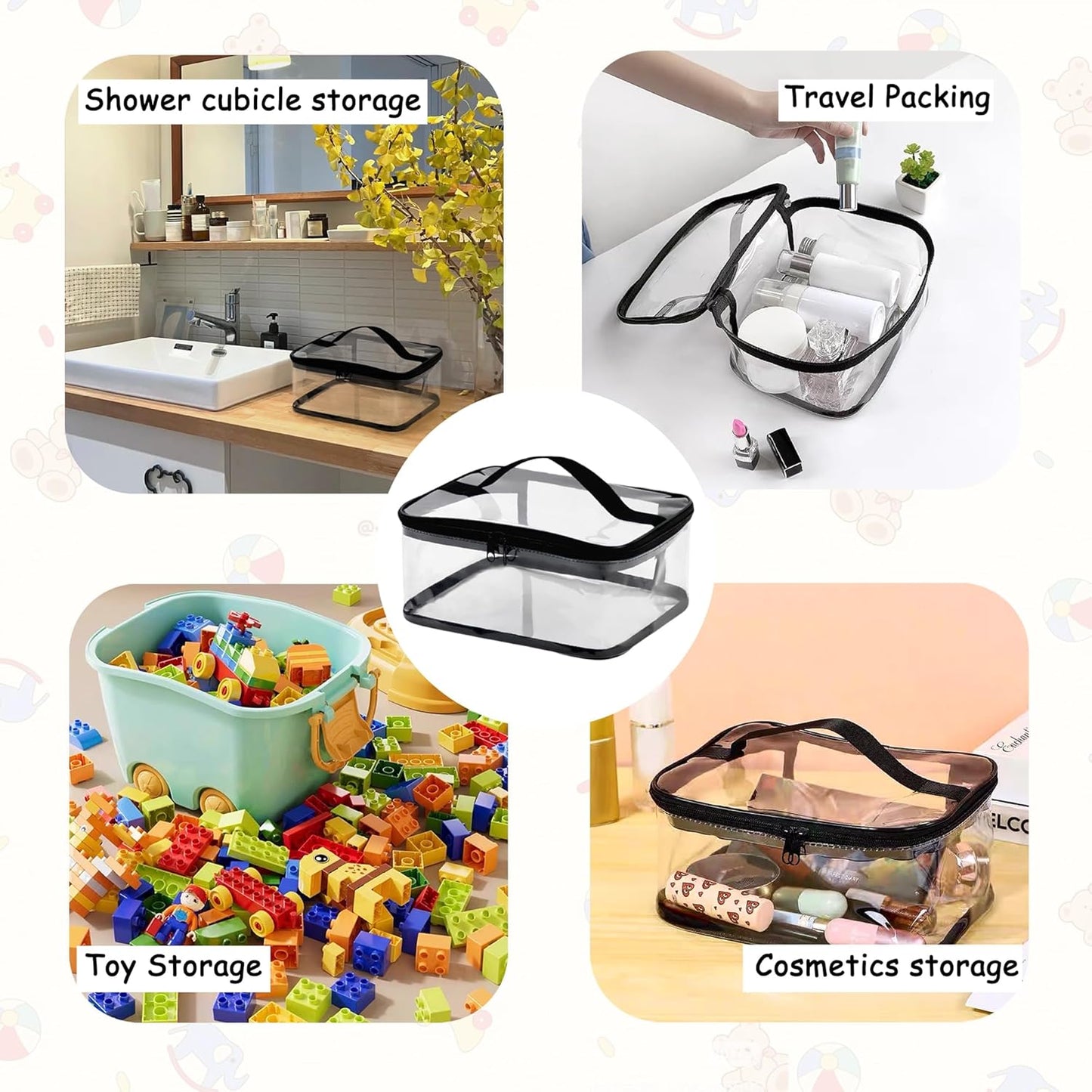 Transparent PVC Storage Bags with Reinforced Handles & Double Zipper - Waterproof Organizer Pouches for Toys, Travel Toiletries, Makeup, Crafts (9.4x6.7x4.3 Inch) 4 Pack