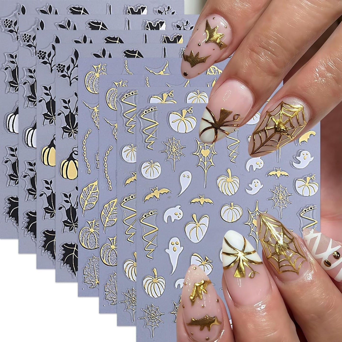 Halloween Nail Stickers Nail Decals Pumpkins Nail Decals 3D Self-Adhesive Autumn Maple Leaf Cute Ghost Pattern Design Sticker Decoration for Women DIY Holiday Party Nails Supplies 8 Sheets