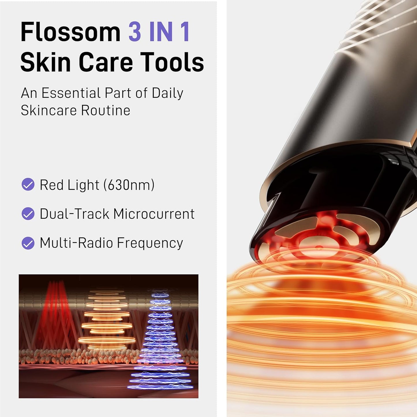 FLOSSOM Facial Toning Device, 3-in-1 Beauty Massager, 5 Intensity Levels Adjustable, Face + Eye 2 Modes for Skin Firming, Smoothing and Absorption Boosting