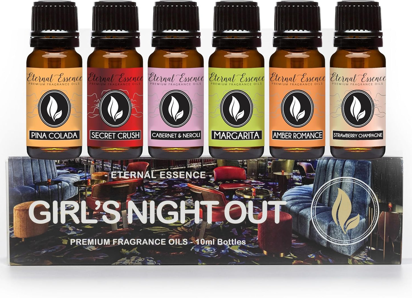 Eternal Essence Oils Girl's Night Out Set of 6 Premium Fragrance Oils - Includes Strawberry Champagne, Pina Colada, Secret Crush, Margarita, Amber Romance, and Cabernet & Neroli Scented Oils - 10ML
