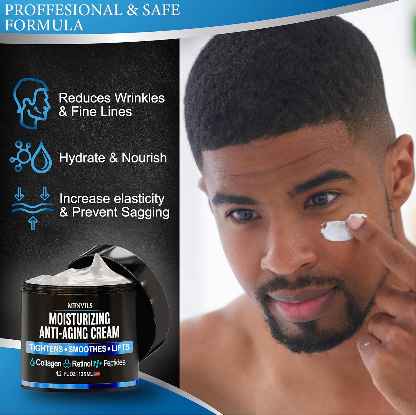 Mens Face Moisturizer Cream - Anti Aging & Wrinkle Cream - Face Moisturizer For Men with Collagen, Retinol, Peptides, Jojoba Oil - Facial Skin Care & Eye Lotion - Day & Night - 4.2 OZ