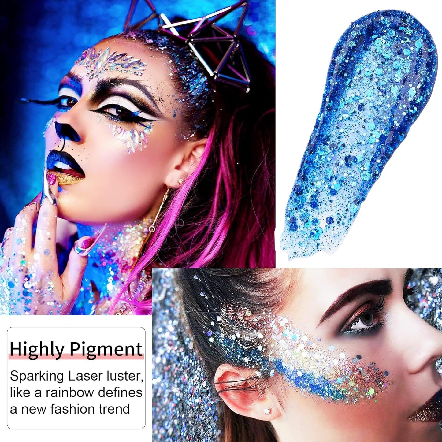 Go Ho White Pink and Blue Body Glitter Set,Singer Concerts Face Glitter Gel Makeup,Holographic Long Lasting Chunky Sequins Glitters for Eye Lip Hair Nails,Festival Rave Accessories