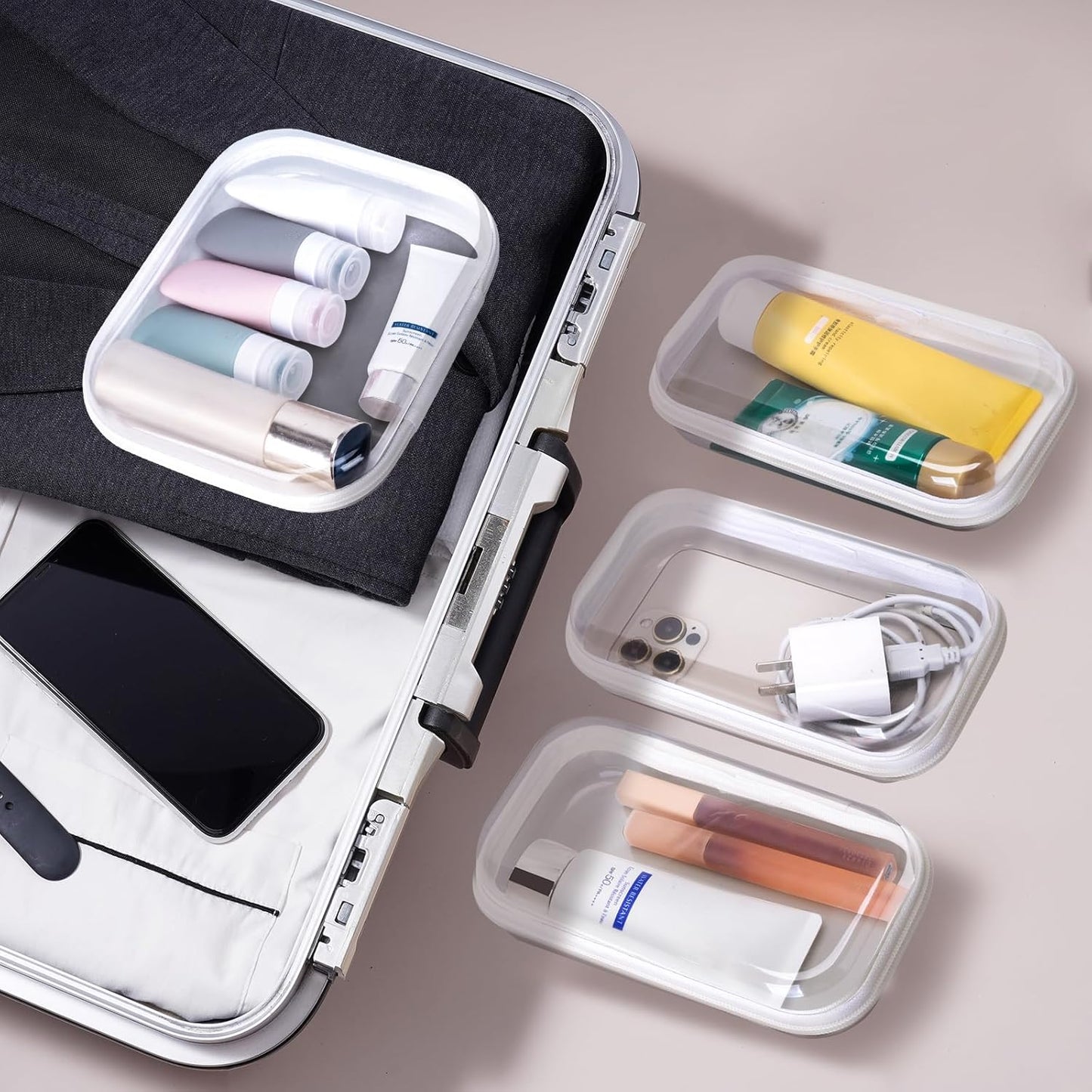 4 pcs Clear Zipper Pouches,Hard Shell Zipper Case, Toiletry Bag for Travel, CLear Diaper Bag, Toiletry Pouch, Travel Organizer, Clear Cosmetic Bag,Toy Storage Bins (M+3S)