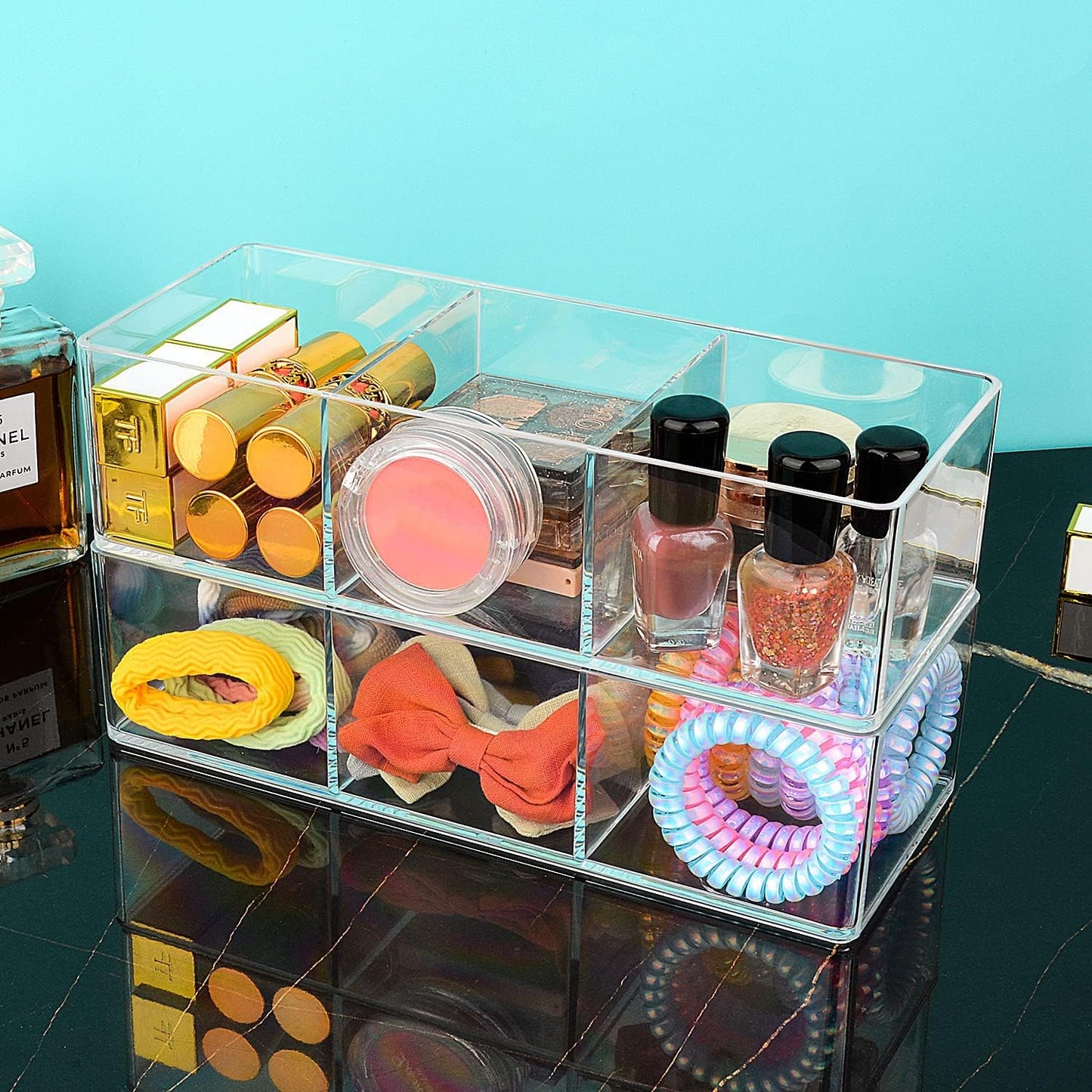 JessLab Acrylic Organizers, Bathroom Organizer for Drawer, 4-Pack Cosmetic Display Cases for Vanity, Countertop, Desk, Kitchen, and Makeup Storage, 2 of 1-Compartment and 2 of 3-Compartment