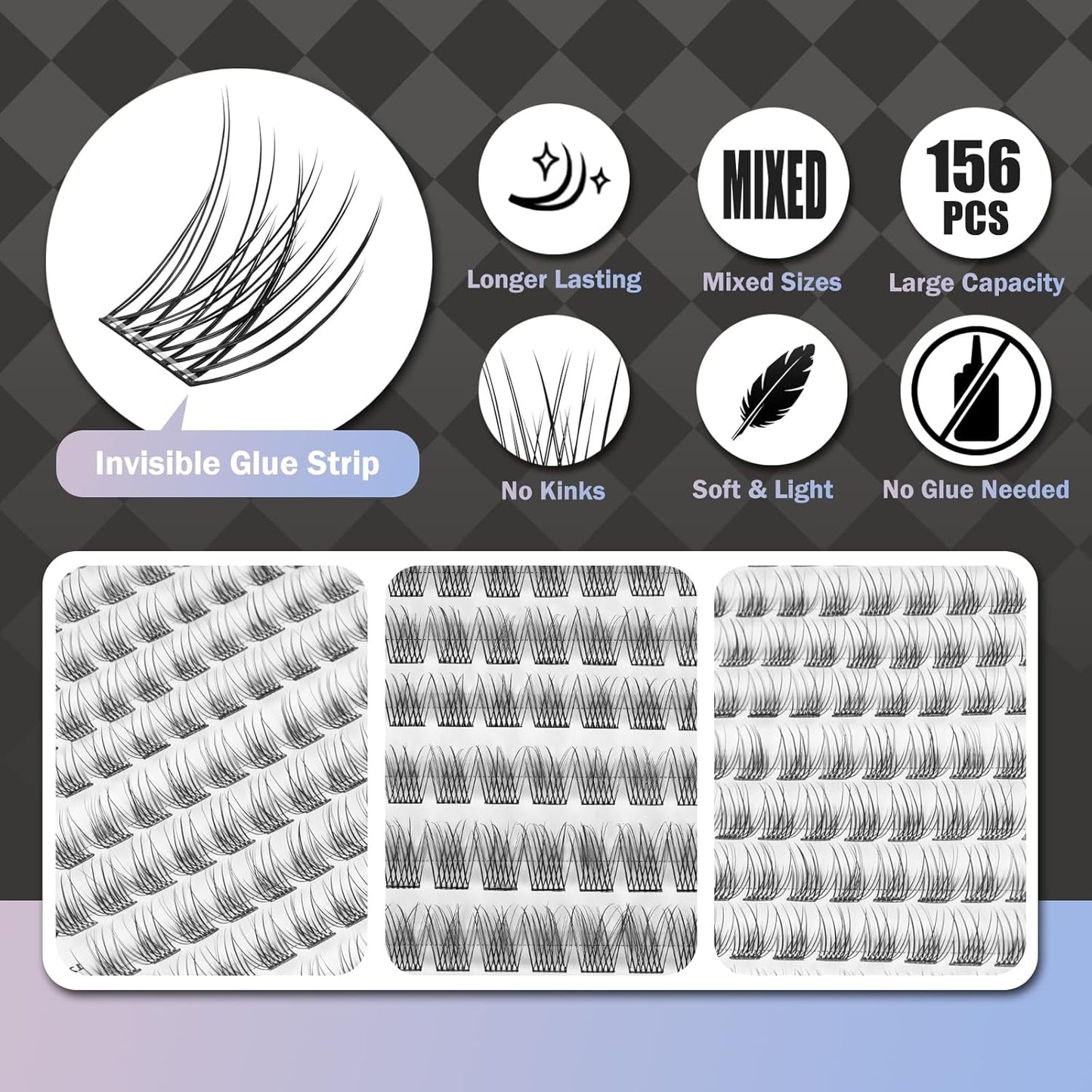 Self Adhesive Eyelashes, 156 Pcs Self Adhesive Eyelash Clusters, No Glue Needed, Invisible Strip Tape - Longer Lasting, No Sticky Residue Pre Glued Eyelashes (Natural-Mixed)…