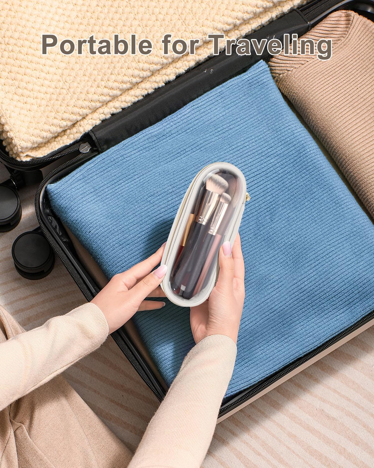 Clear Travel Makeup Brush Holder, Leather Makeup Brush Toiletry Bag, Portable Cosmetic Brush Case, Transparent Waterproof Makeup Brush Storage Bag, White, Large