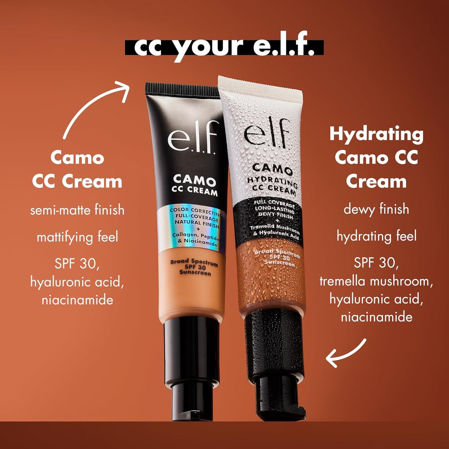 e.l.f. Hydrating Camo CC Cream, SPF 30, Color Correcting Full Coverage Foundation For A Dewy Finish, Vegan & Cruelty-Free, Deep 560 C