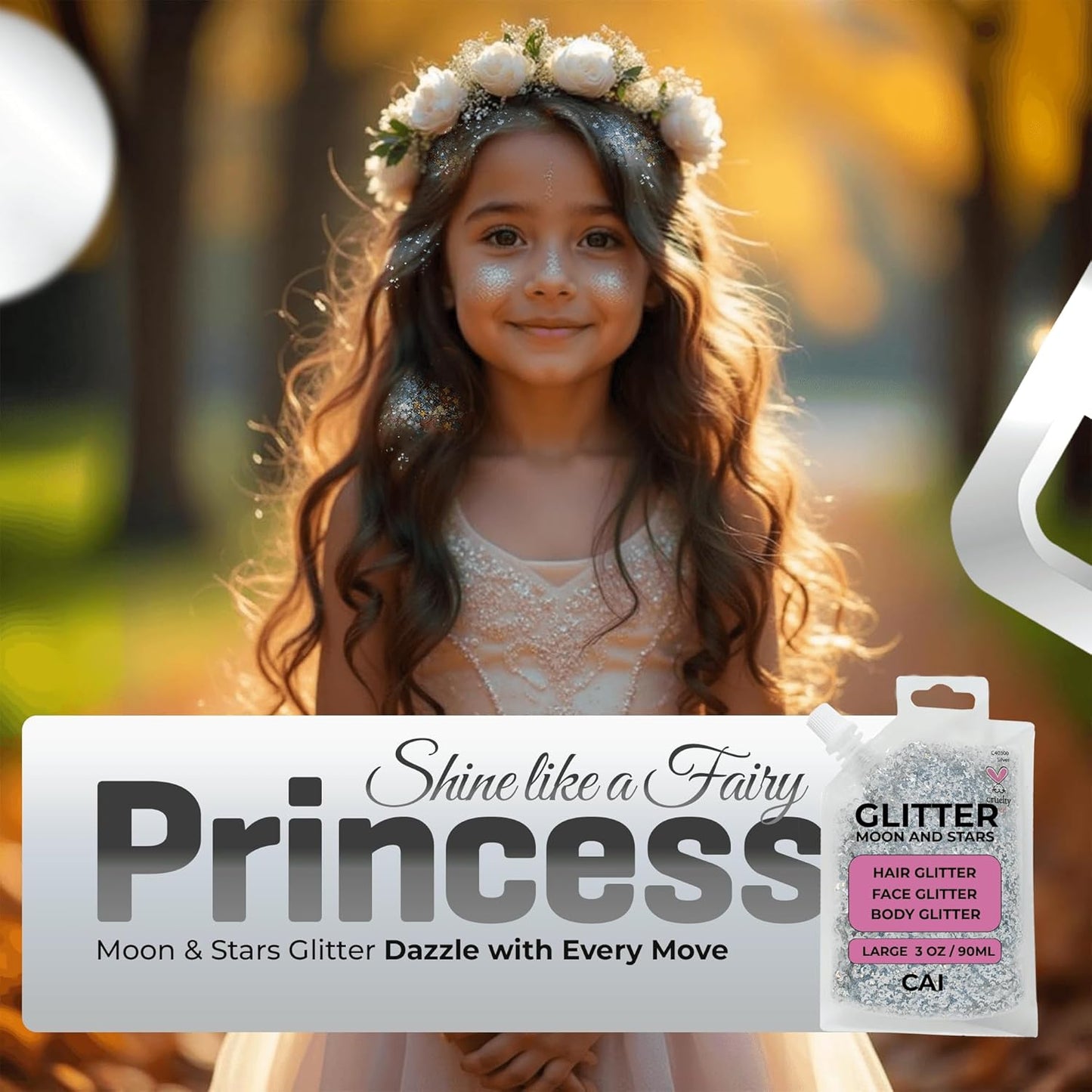 Face, Body & Hair Glitter Gel – Halloween Glitter for Kids and Women – 3 Oz Cosmetic-Grade Gel w/Moon & Stars for Festivals & Halloween Party, Easy Apply & Wash Off - Gold 2Pack