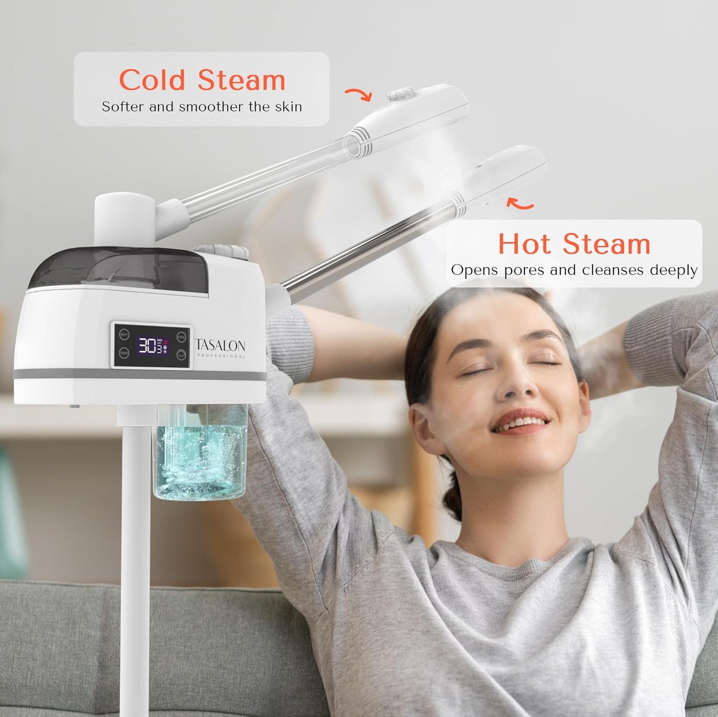 TASALON 2 in 1 Professional Facial Steamer on Wheels -with Ozone and Hot & Cold Mist, Ionic Facial Steamer Kit for Facial Deep Cleaning and Moisturize, SPA & Home, Ozone Face Humidifier (White)