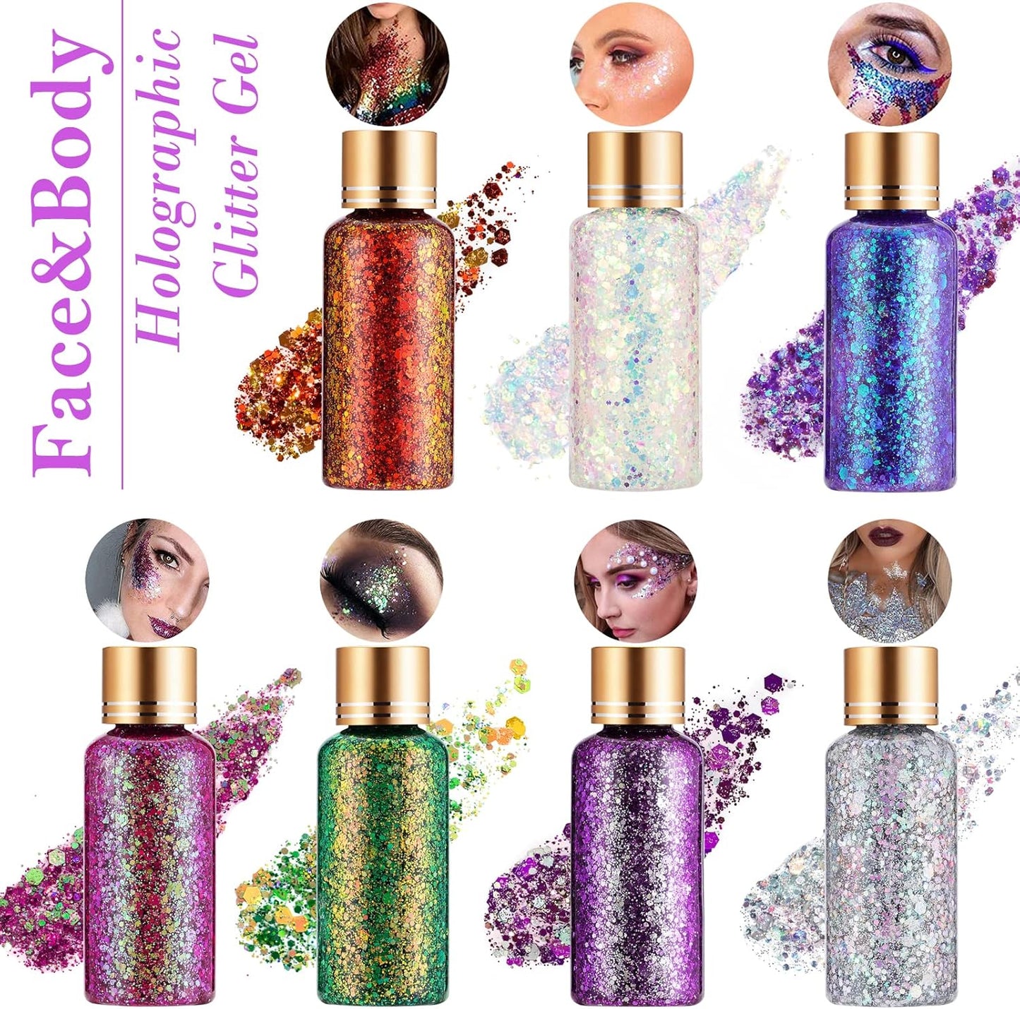 Clear White Face Body Hair Glitter Gel for Women Kids, Changes Color with The Angle and Light, Holographic Mermaid Sequin Sparkling Paint Makeup for Halloween Festival Rave Accessories, 1oz