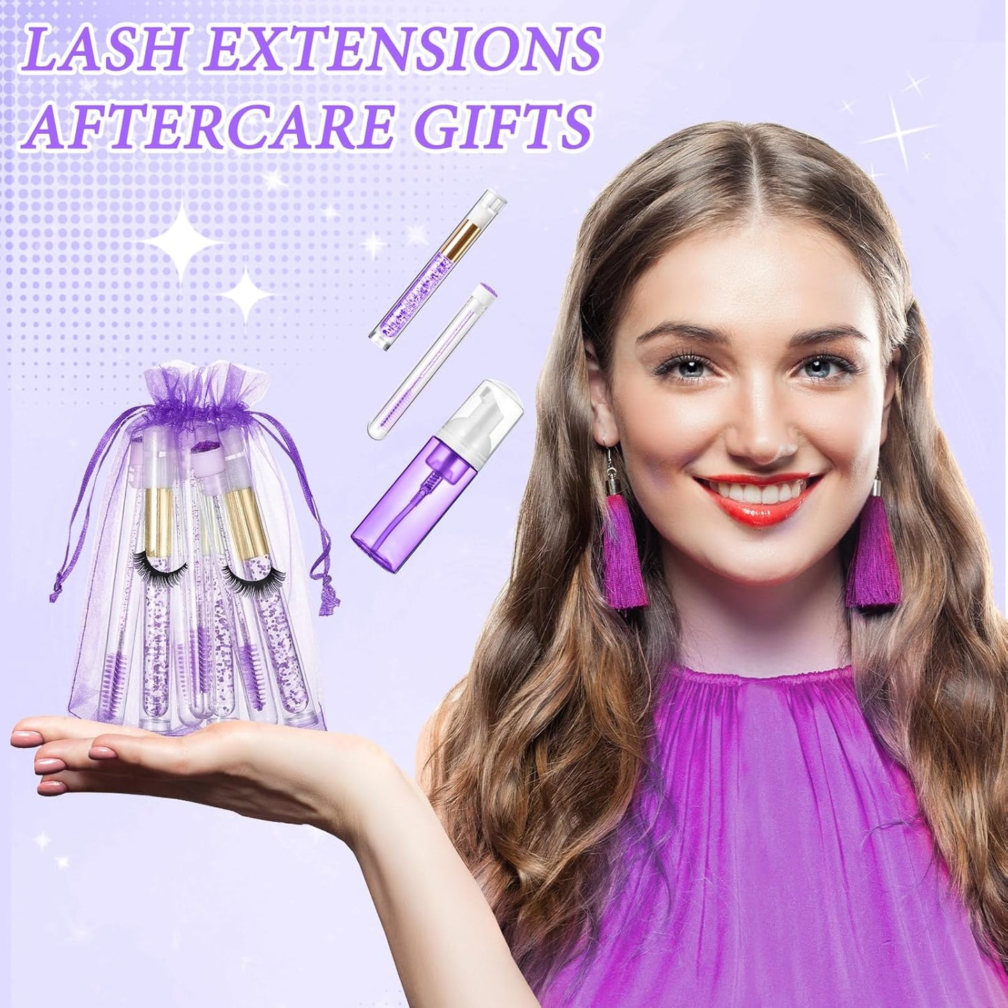Zhehao 80 Pcs Lash Shampoo Bottle Brushes Kit 20 Foam Pump Dispensers 20 Lash Shampoo Brushes 20 Eyelash Aftercare Bag 20 Cleaning Pipes, Eyelash Extension Supplies(Purple)