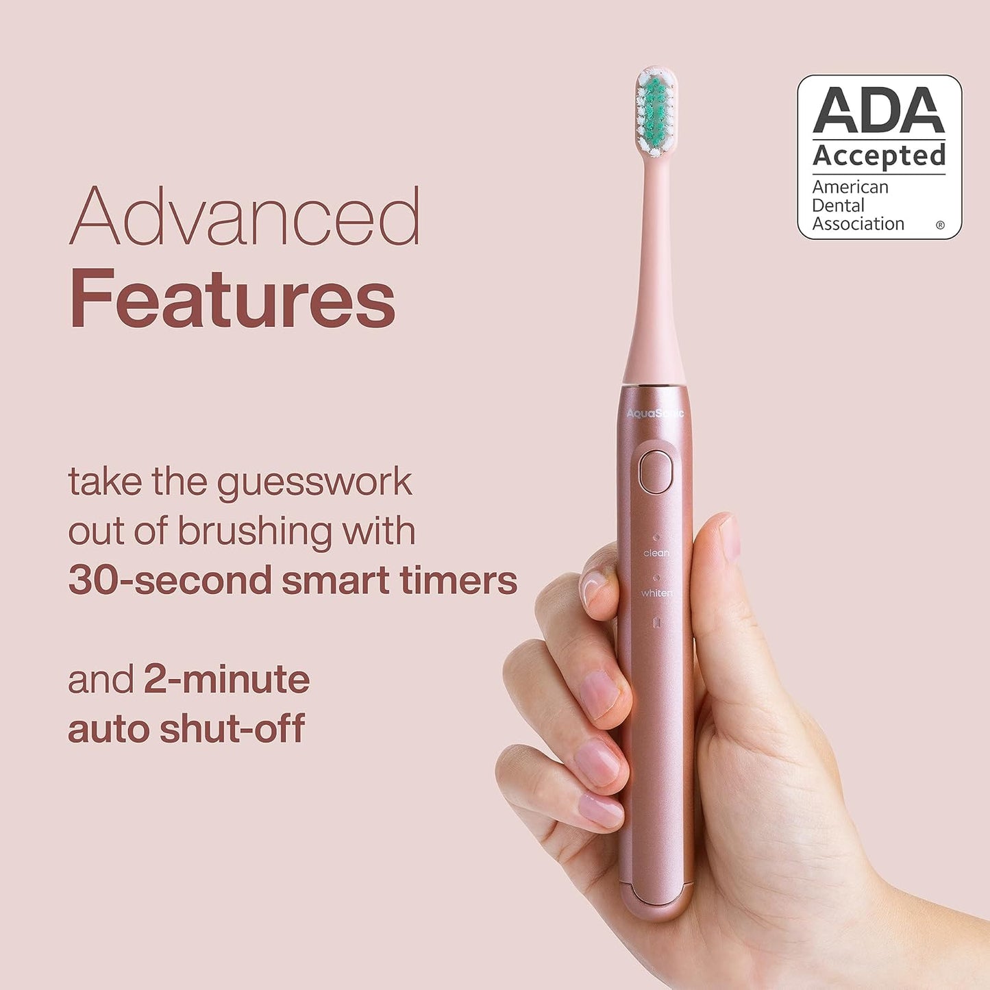 Aquasonic Icon ADA-Accepted Rechargeable Toothbrush | Magnetic Holder & Slim Travel Case | 2 Brushing Modes & Smart Timers | Gentle Micro-Vibrations (Blush)