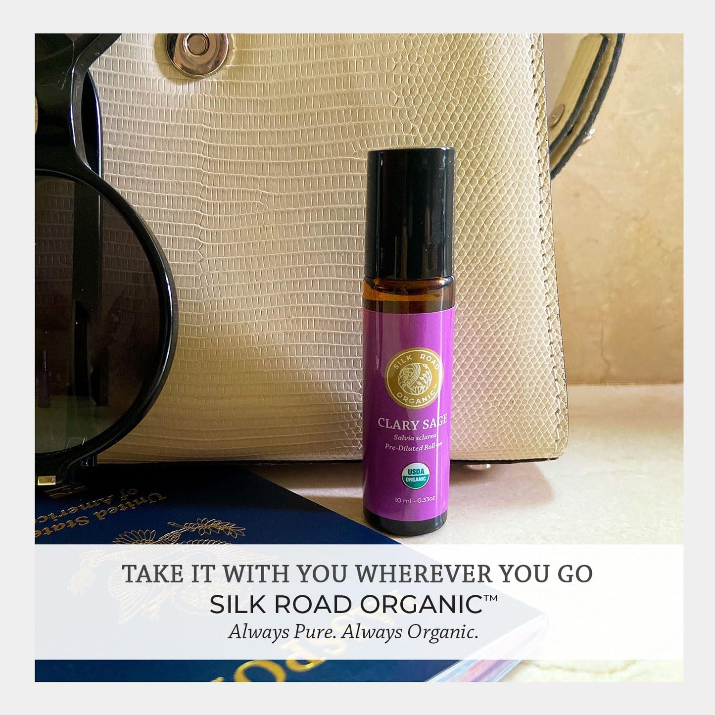 Silk Road Organic Clary Sage Essential Oil Roll On, 100% Pure USDA Certified Aromatherapy for PMS, Stress & Mental Clarity - 10 ml Roller - Always Pure, Always Organic