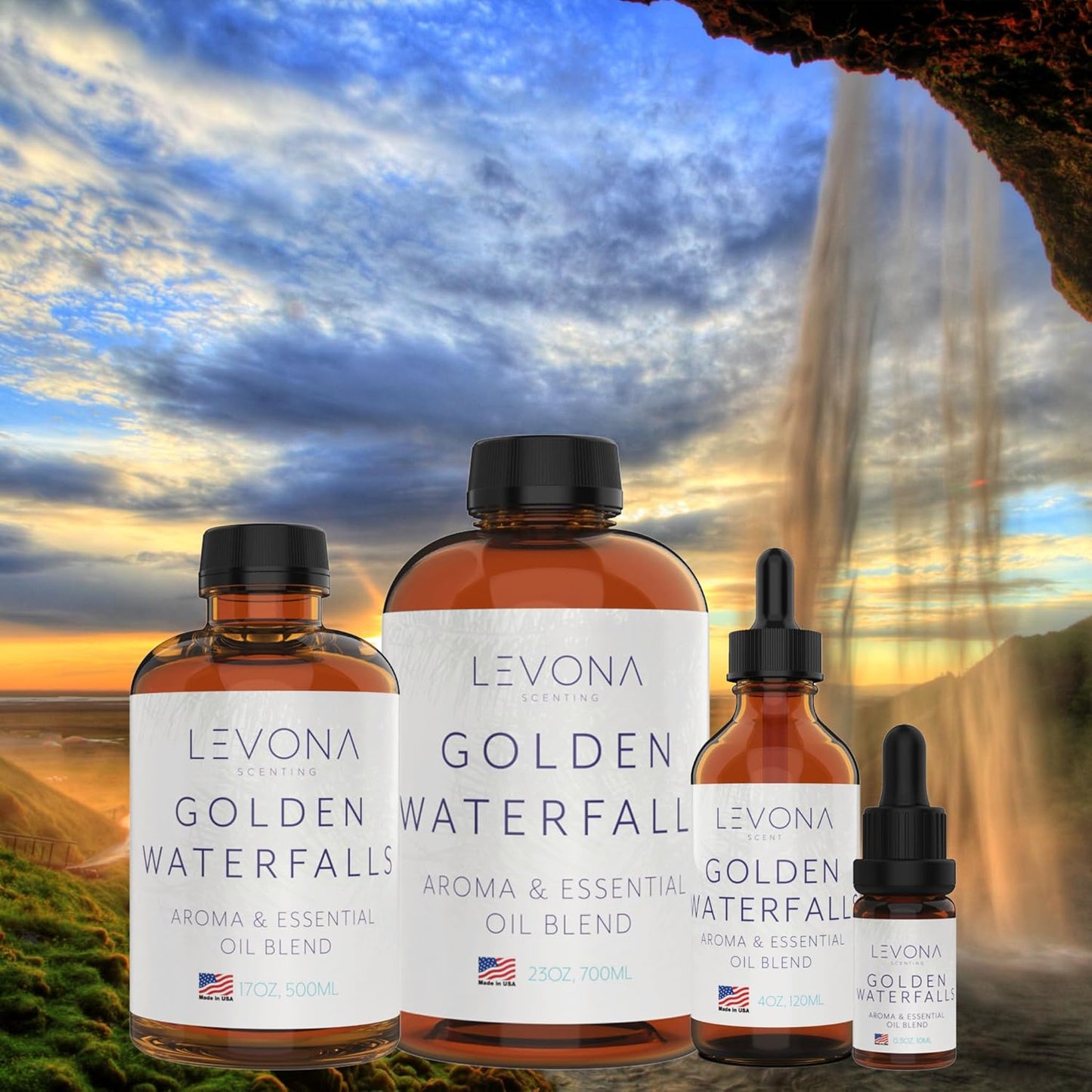 Levona Scent Essential Oils - Scents for Home, Hotel & Office Use - Perfect for Home Diffuser & Humidifiers - Aroma Fragrance Oil, Ideal for Massage, Relaxation, and Spa - Golden Waterfalls, 120ml