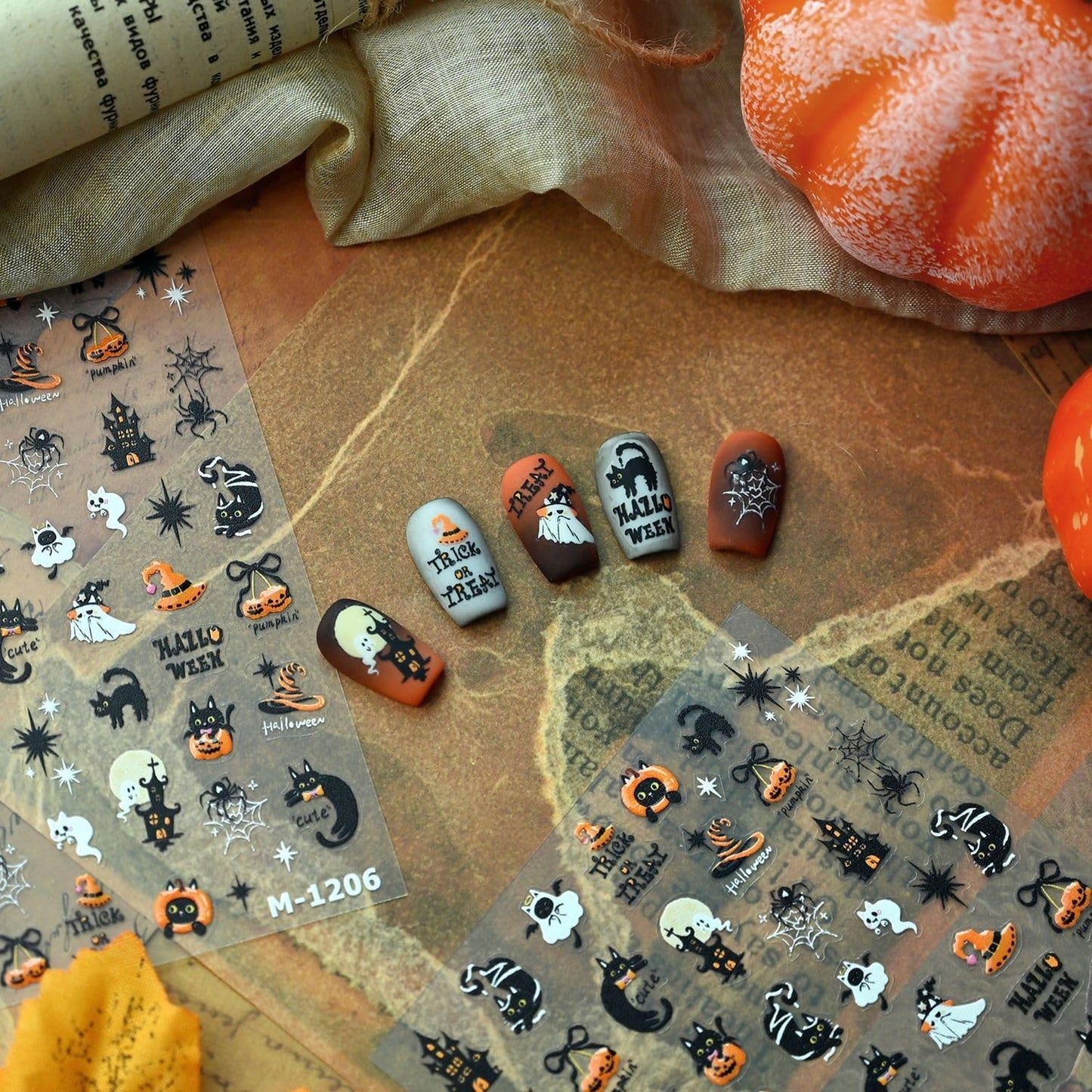 Halloween Nail Stickers for Nail Art Black Cat Pumpkin Ghost Nail Art Stickers 5D Embossed Nail Decals 3D Self-Adhesive Nails Supply Manicure Sliders for Nails Decoration