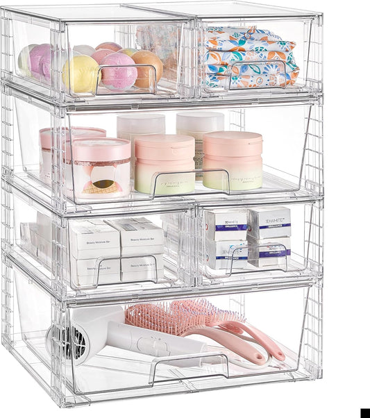 Vtopmart Clear Stackable Storage Drawers Set of 6, Easily Assemble Acrylic Bathroom Undersink Organizers,Plastic Storage Bins for Closet,Cabinet,Pantry,Medicine Organization