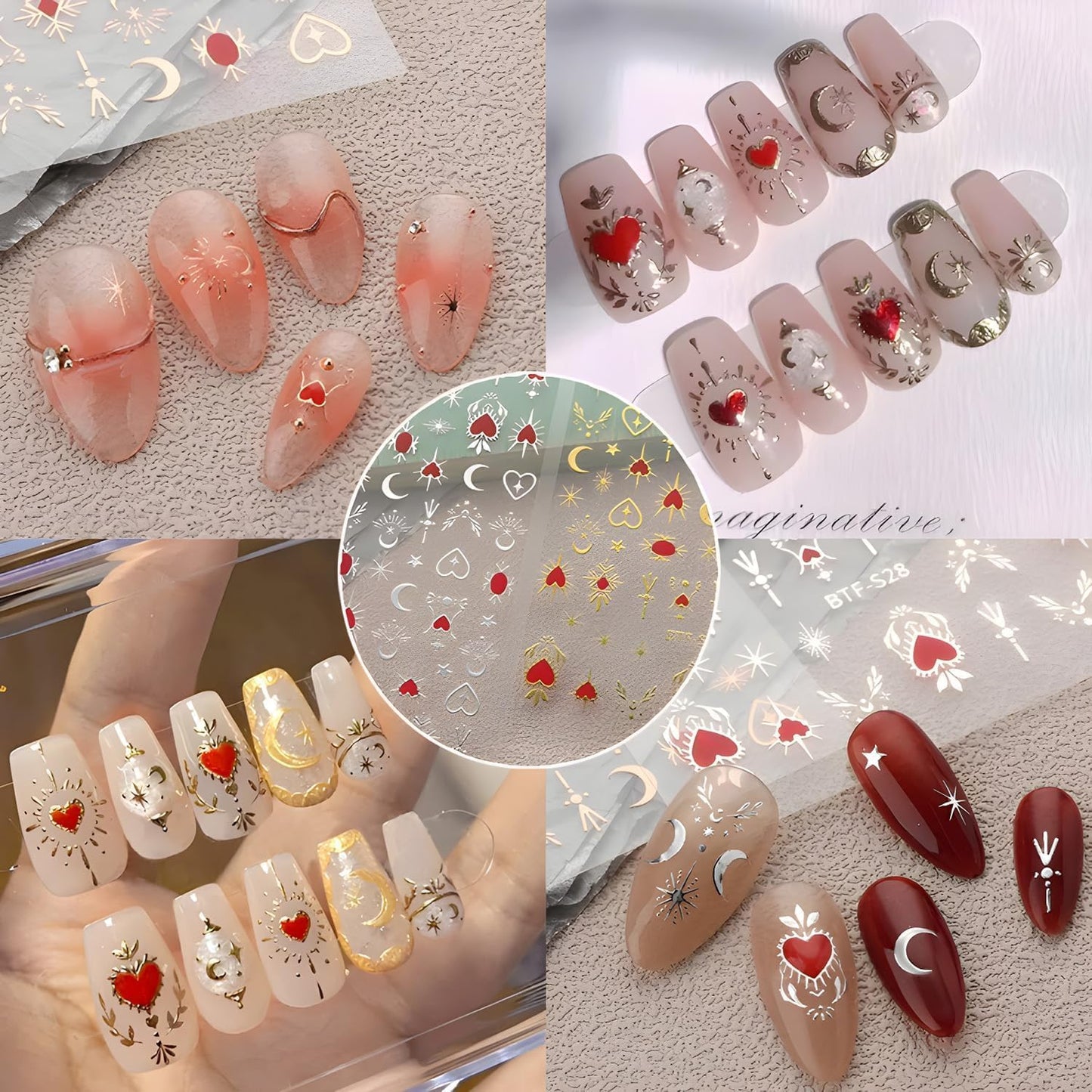 Gold Nail Stickers Decals 12 Sheets Sun Moon Nail Art Stickers Decals 3D Self Adhesive Star Nail Decals Design Heart Nail Supplies Charms for Women Girls Nail Art Manicure Decoration