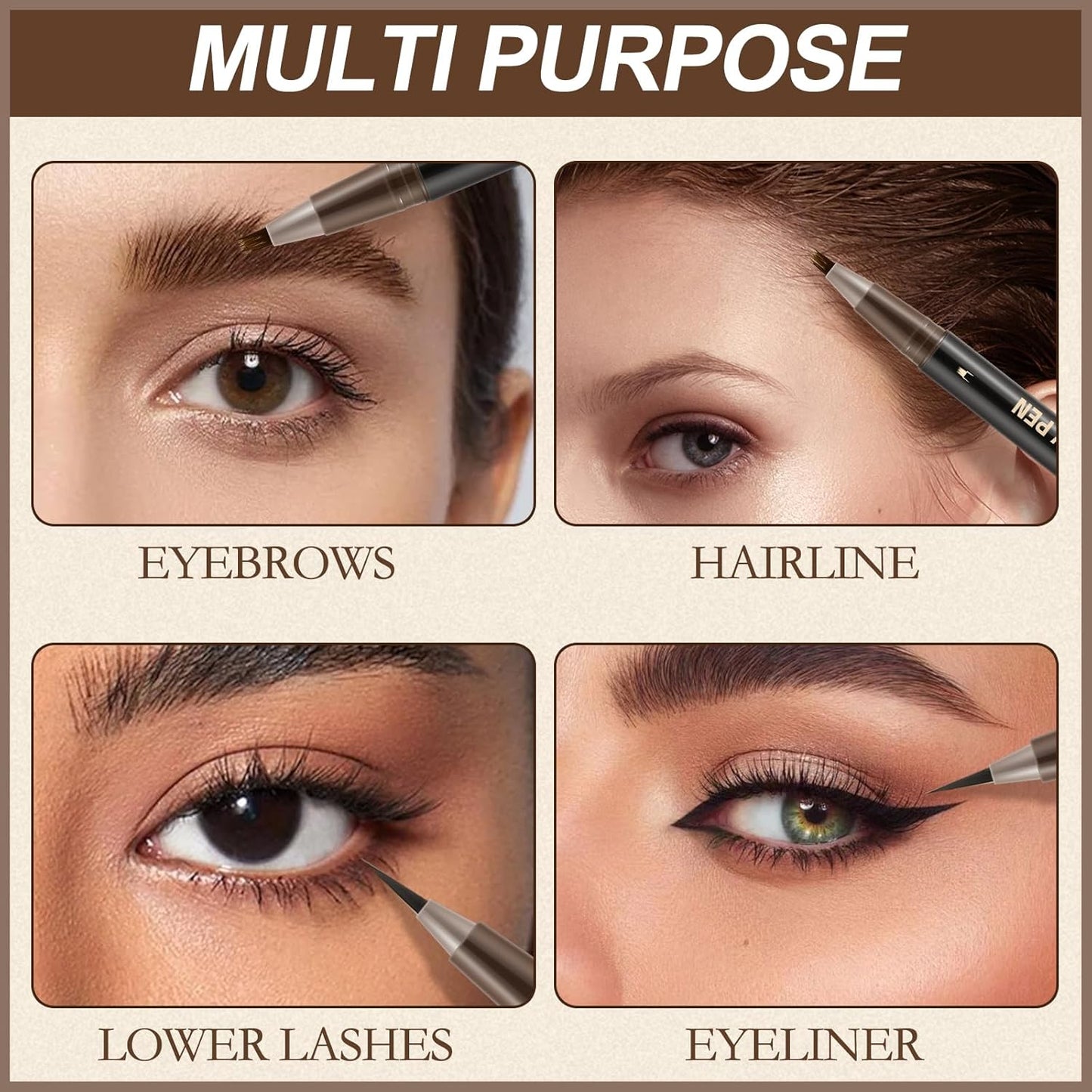 Boobeen 2pcs Waterproof Eyebrow Pen，Dual-Ended Eyeliner Microblading Eyebrow Pencil for Women，Long Lasting Hair-Like Brow Pen with Brow Brush，Dark Brown