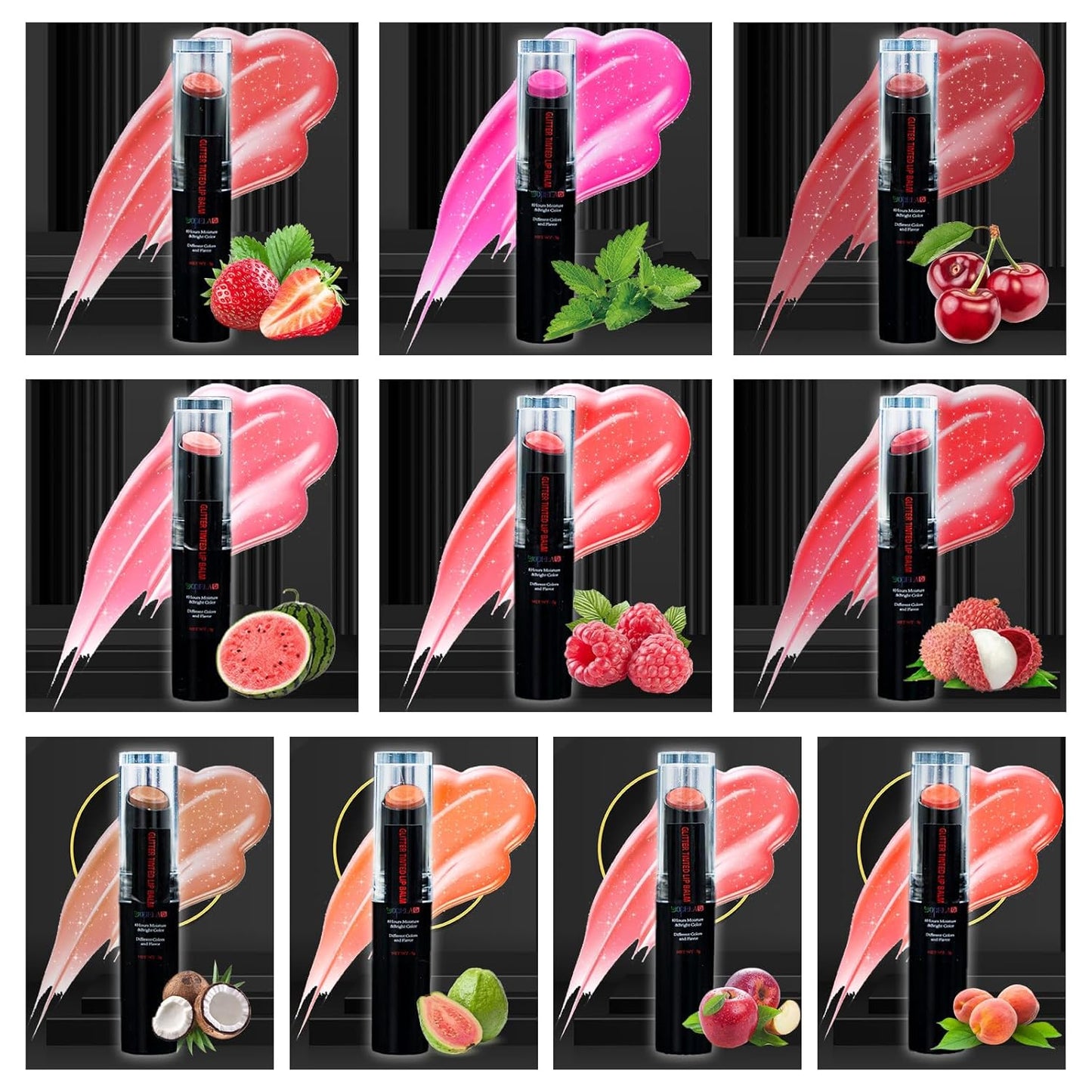 Yopela 10 Pack Tinted Lip Balm With Glitter Powder Stocking Stuffers Tinted Chapstick - Moisturizing Lip Balm with Shimmer - Lipstick Set - Assorted Colors and Favors Valentine's Gift