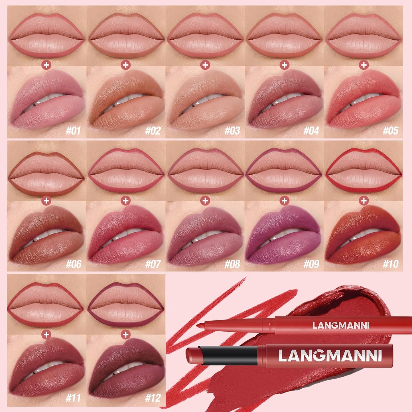 Jolilab 4Pcs Lip Set: 2 Colors Lip Liner+2 Colors Lipstick, Matte/Creamy,Smooth Creamy Texture,Long-Lasting,Bold/Nude Shades for Daily/Party, Vegan, Gift for Makeup Lovers.(#07+08)