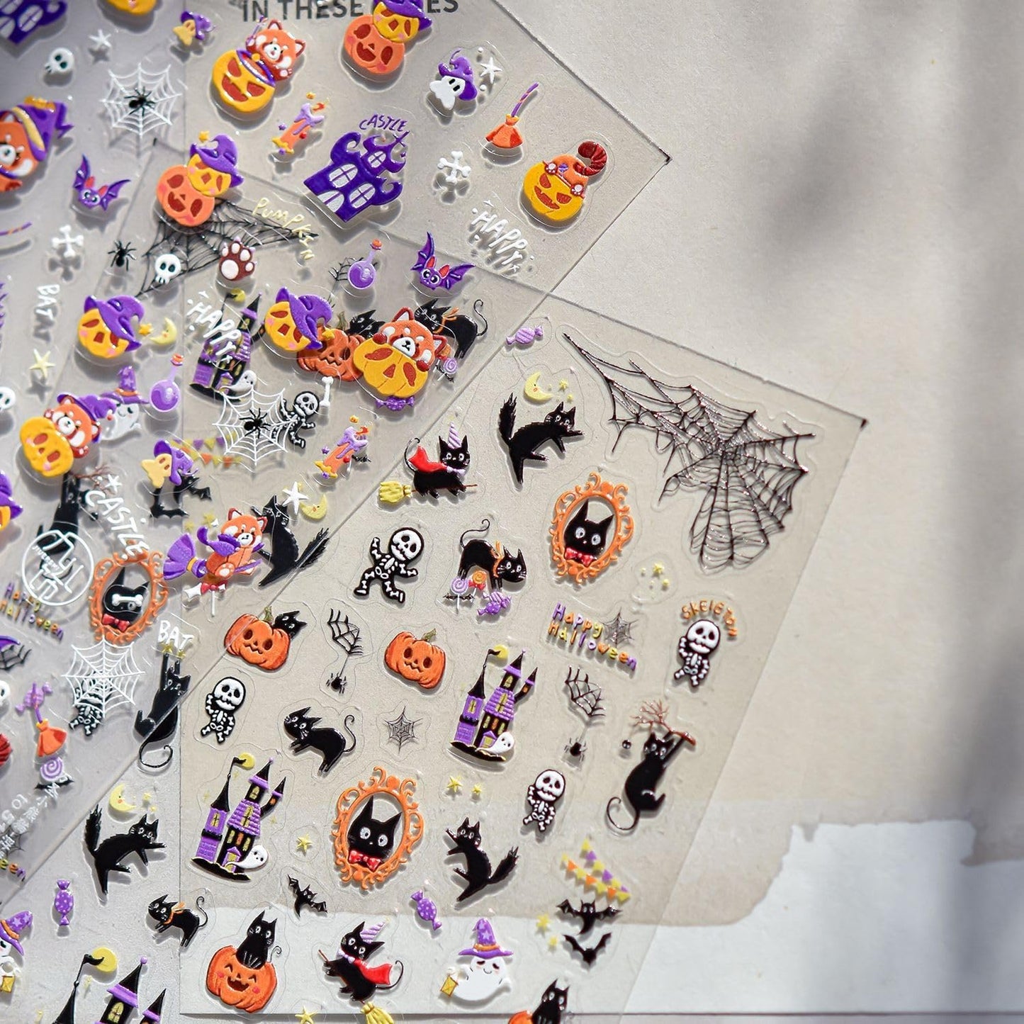 5D Embossed Halloween Nail Art Stickers Cute Nail Decals Cat Nail Stickers with Spider Wed Design 3D Self Adhesive Nails Supplies Accessories for Women Manicure Charms DIY Decoration 1sheet