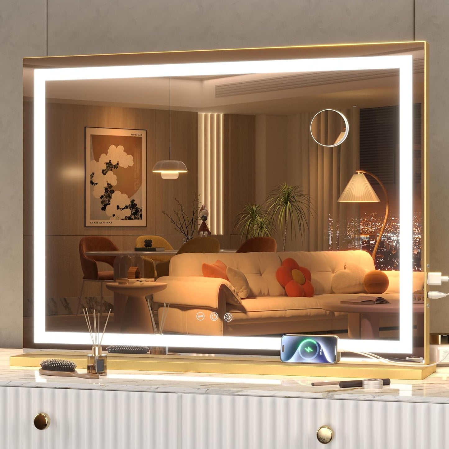 Hasipu Vanity Mirror with Lights, 23" x 18" LED Makeup Mirror, Lighted Makeup Mirror with Dimmable 3 Modes, Touch Screen Control Vanity Mirror Square Gold