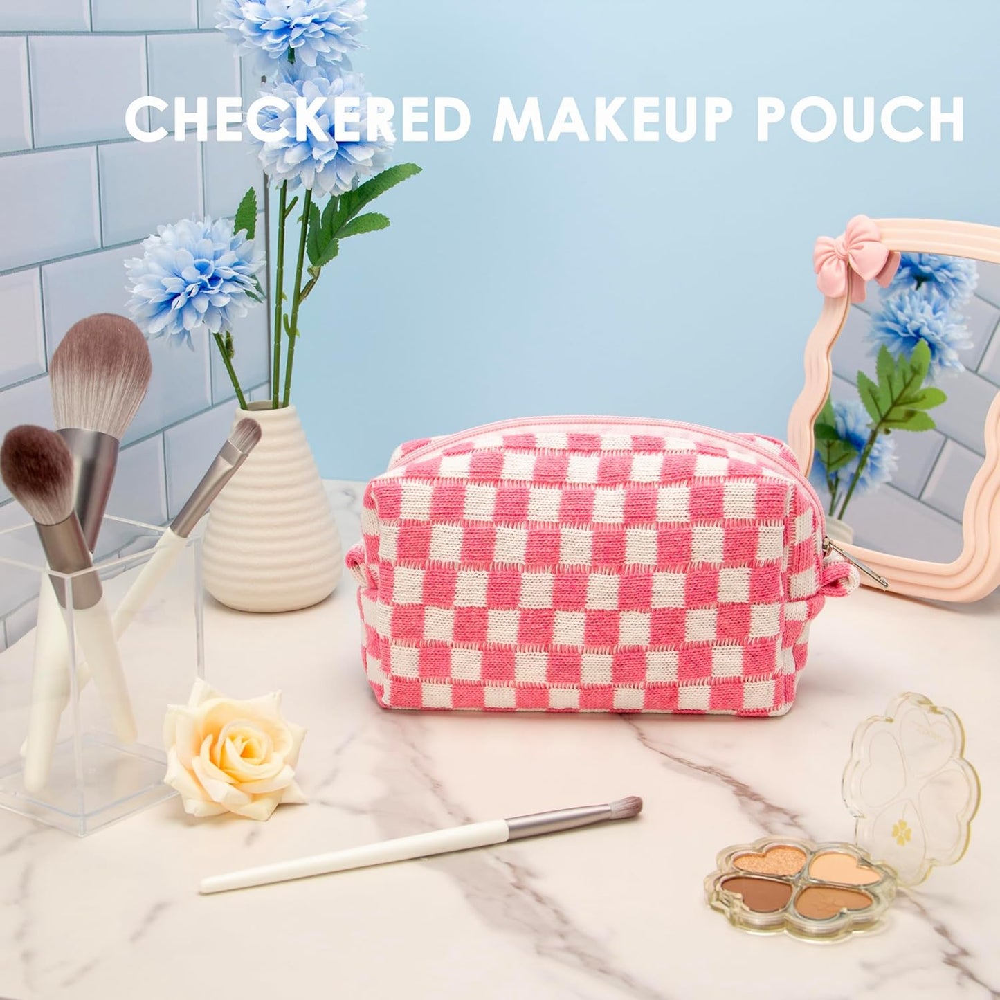 PAZIMIIK Checkered Makeup Bag for Purse Portable Zipper Make Up Pouch Small Cosmetic Case for Travel Accessories (6PCS Mix Color)
