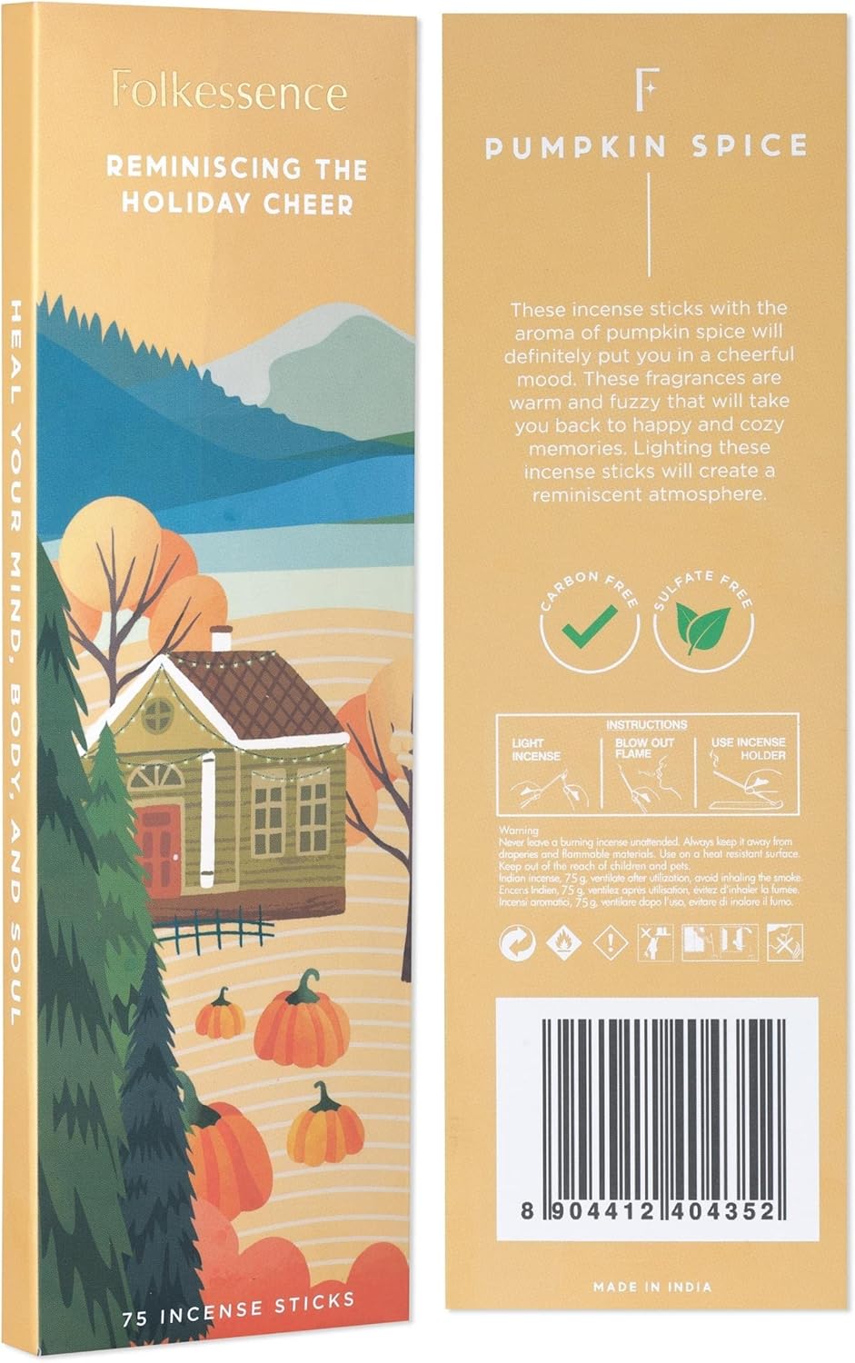 Folkulture Incense Stick | Pack of 75 Organic Fall Incense Sticks for Meditation | 45 Mins Burn Time | Pumpkin Spice Inscents Non Toxic Fall Scents for Home | Inscents-Sticks for Fall Essentials