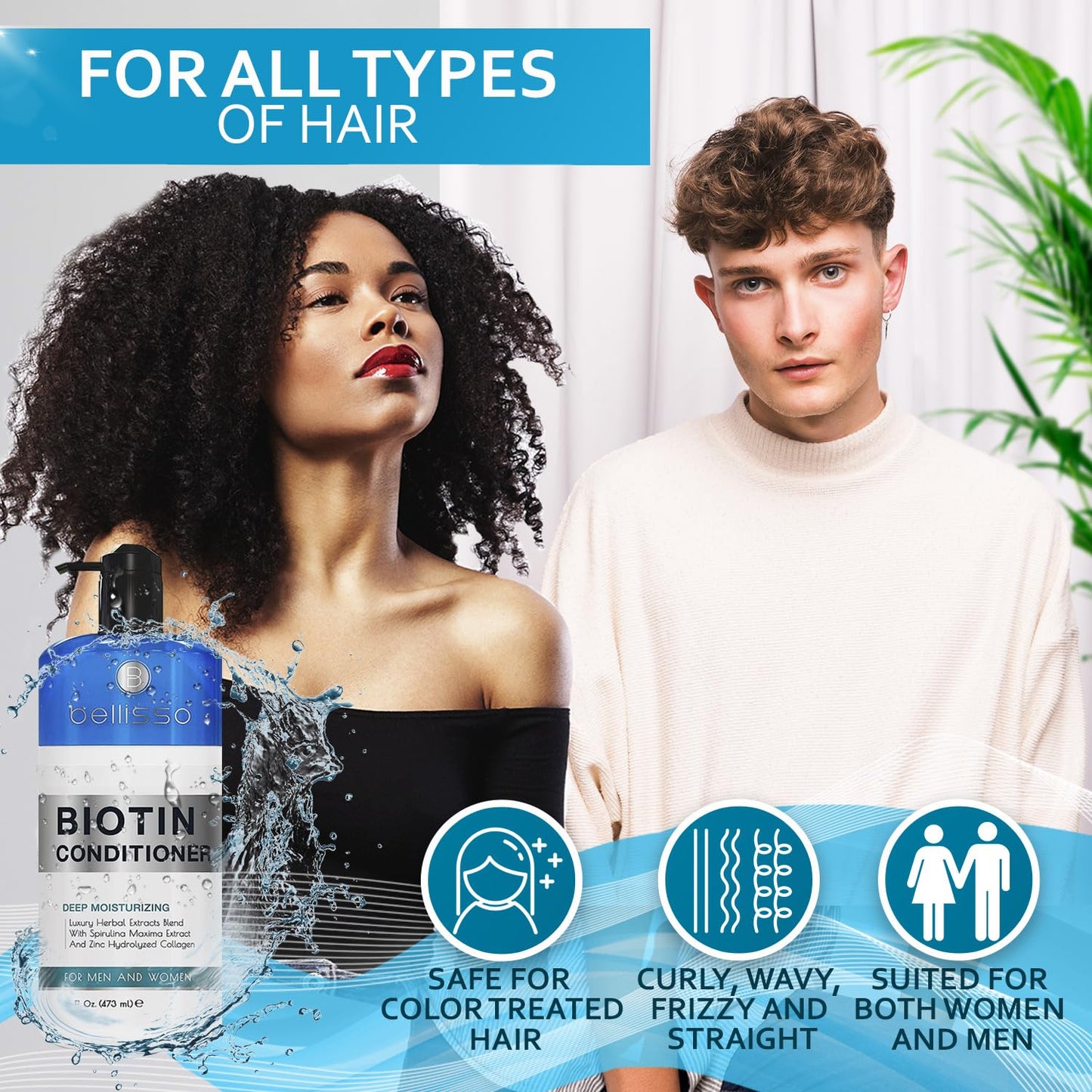 BELLISSO Biotin Conditioner - Sulfate Free Hair Thickening Products for Women and Men - Deep Conditioning Treatment for Dry Damaged Strands
