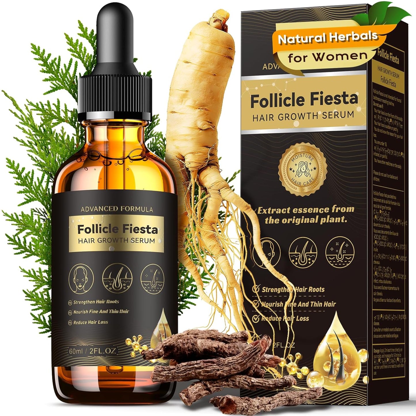 Women‘s Hair Growth Serum Oil, 100% Veganic Natural Herbal Extracts, Root Revive Visibly Thickening Fuller Hair, Follicle Stimulator Scalp Serum for Hair Loss/Shedding,Thin, Dry & Damaged Treatment